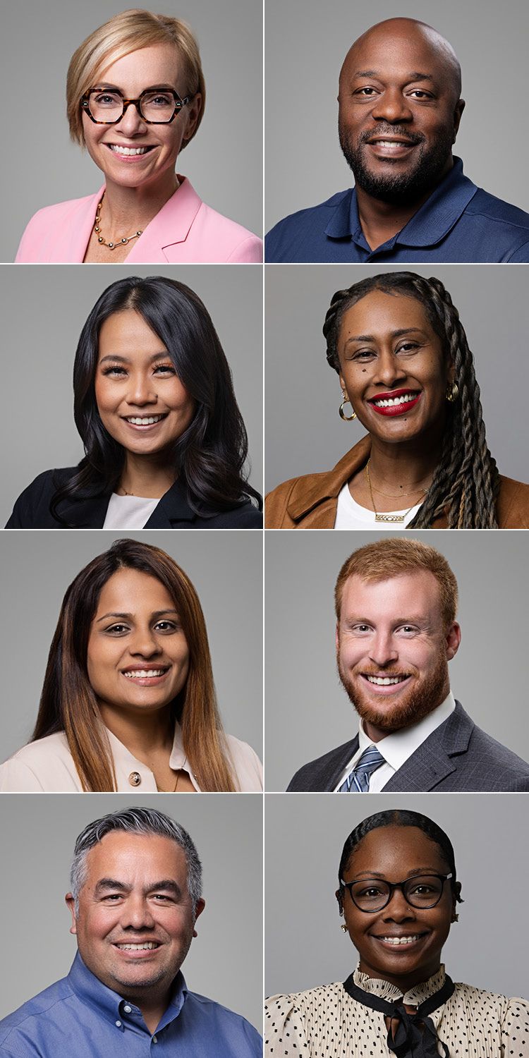 Grid of corporate portraits featuring diverse professionals in business attire against gray background.
