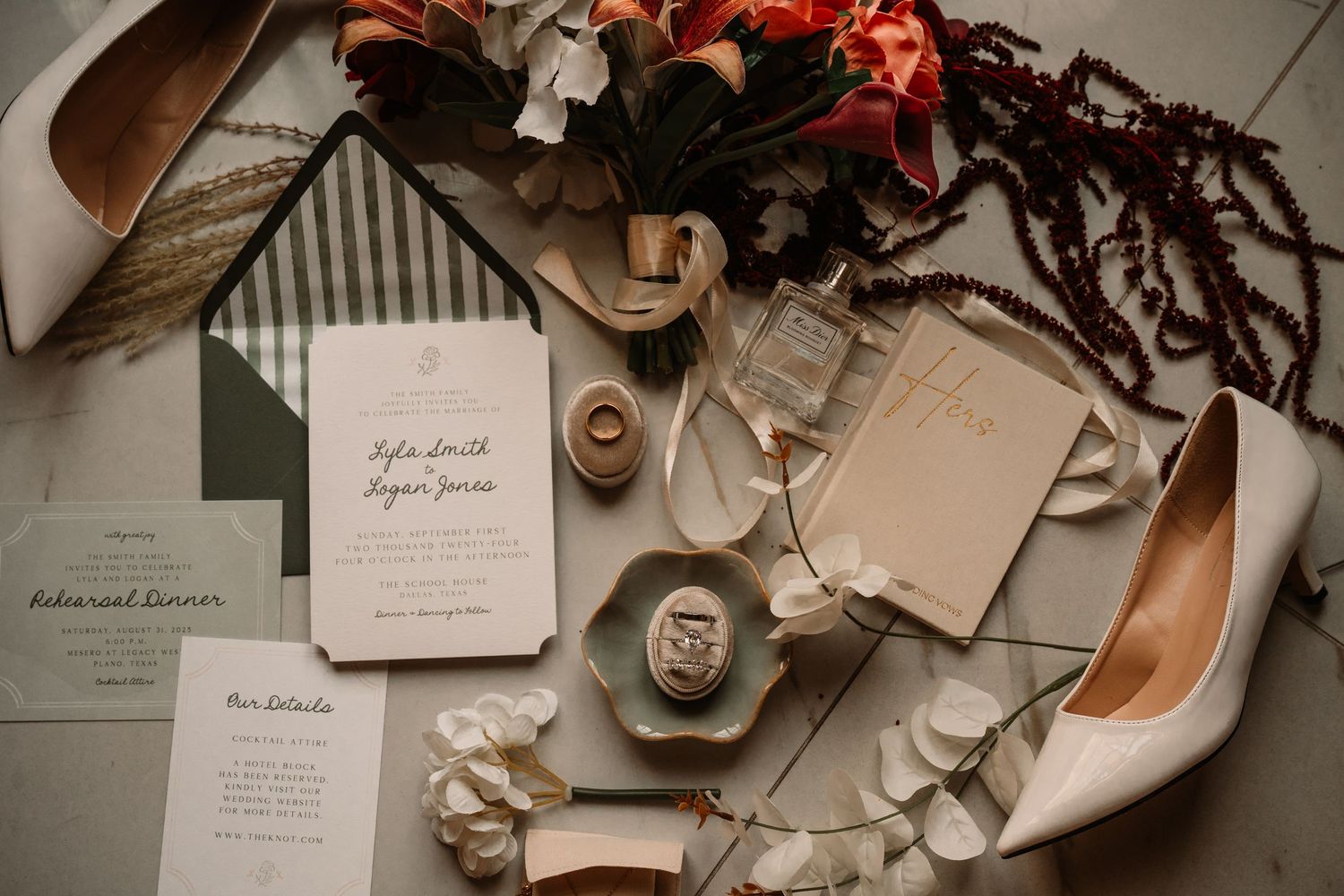 Bridal details in Dallas–Fort Worth wedding suite with bouquet, shoes, wedding invitations, wedding rings and vows. Dark, moody and vibrant
