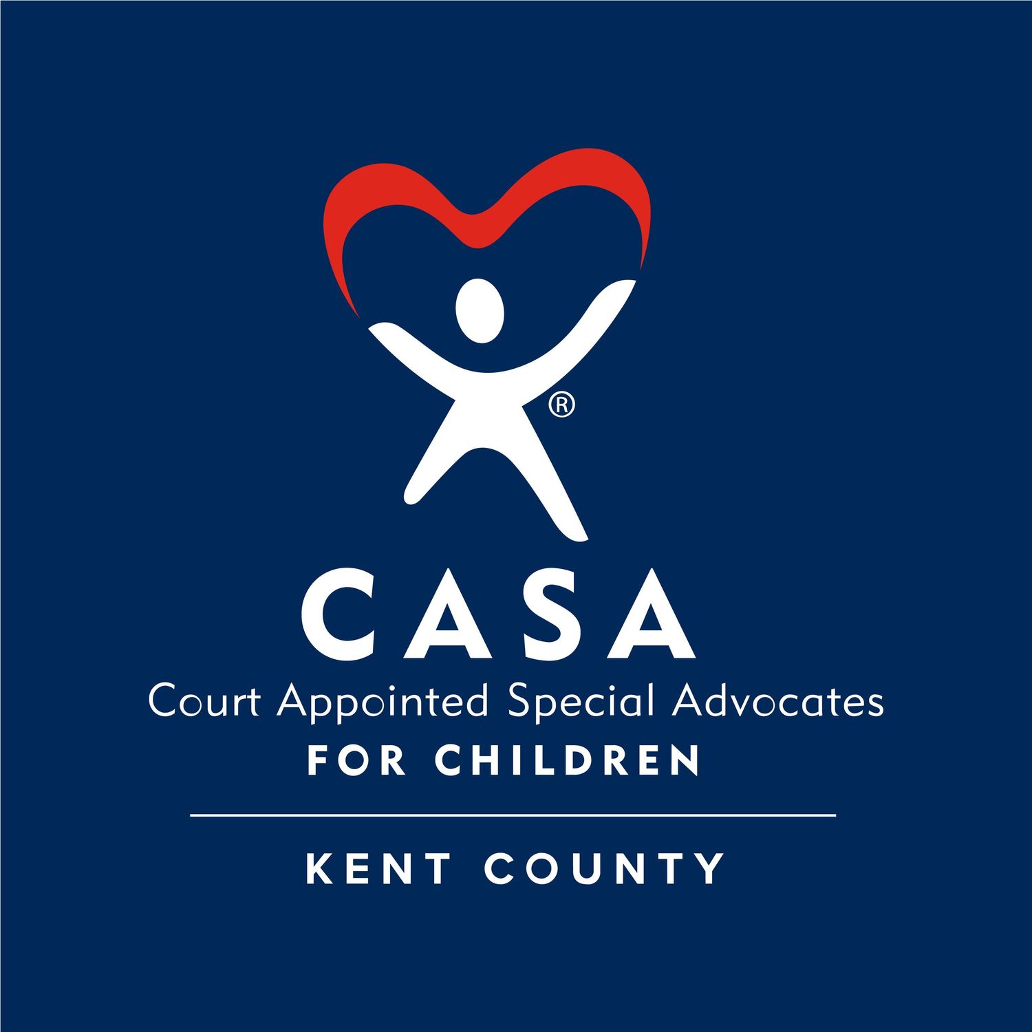 CASA Kent County logo featuring a white figure with arms raised forming a heart shape on dark blue background.