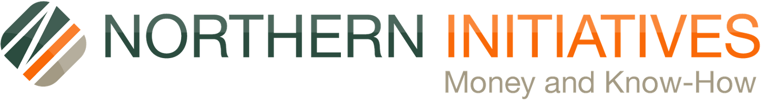A horizontal logo design for Northern Initiatives featuring green and orange text with a circular emblem.