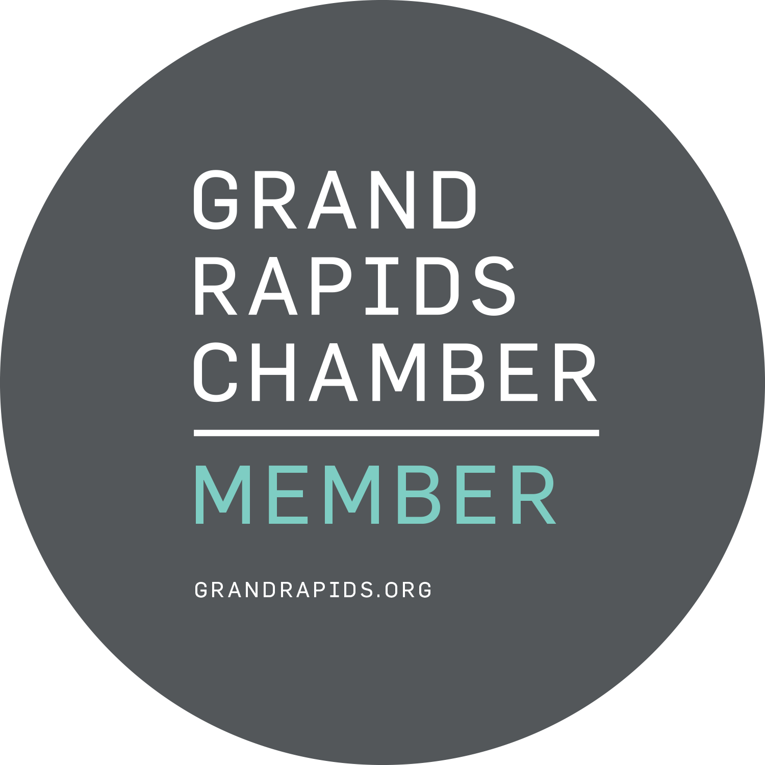 Four oval badges showing Grand Rapids Chamber membership and branding in grayscale and teal colors.
