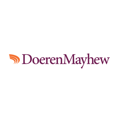 Professional logo design for DoerenMayhew featuring a maroon company name with an orange curved accent mark.