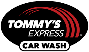 Tommy's Express Car Wash logo featuring red swoosh design on black oval background.