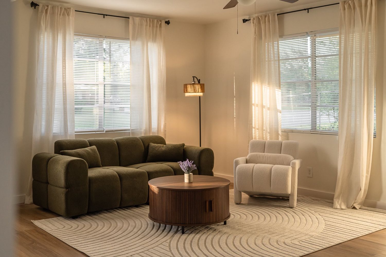 Bright modern living room with natural light, beige curtains, and a circular patterned area rug on hardwood floors.