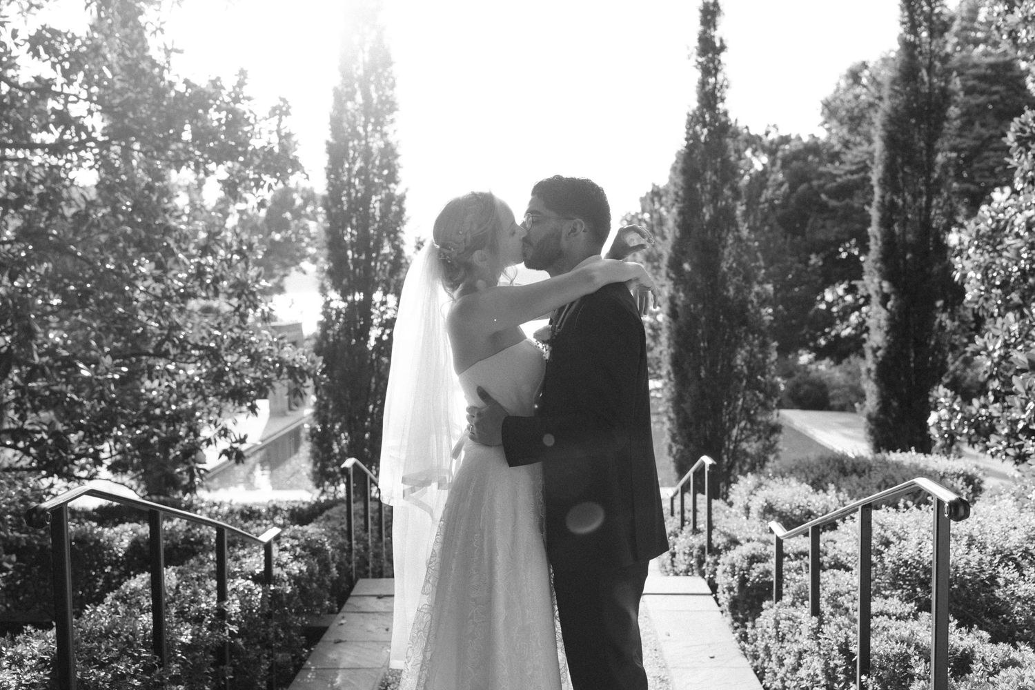Yana and Frank's wedding at Dallas Arboretum in black and white