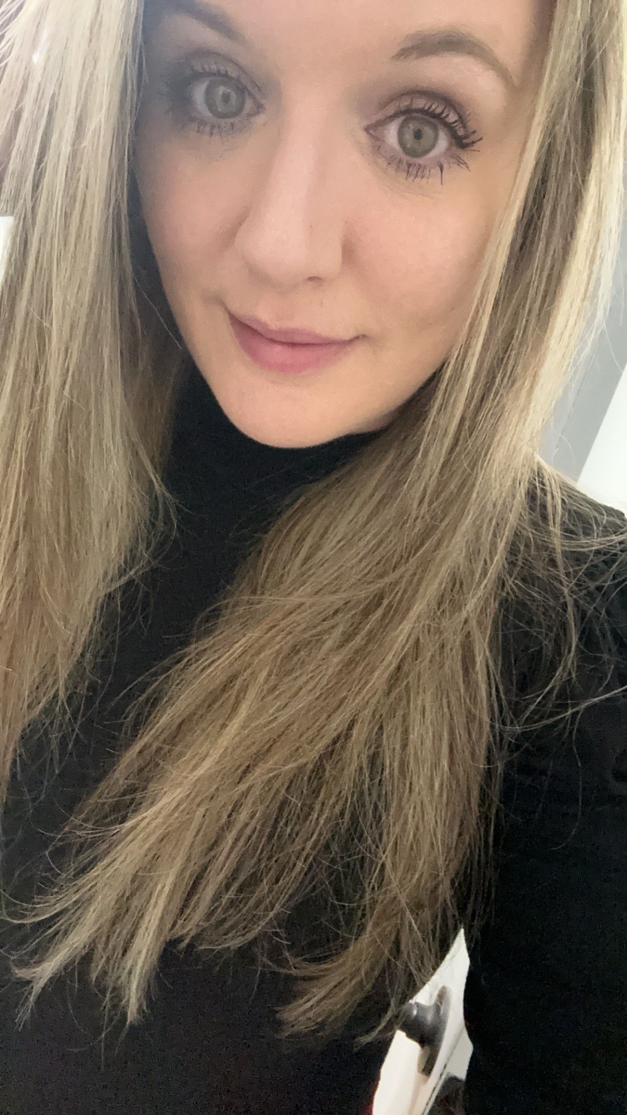 A series of casual selfies showing someone with long blonde hair wearing a black top.