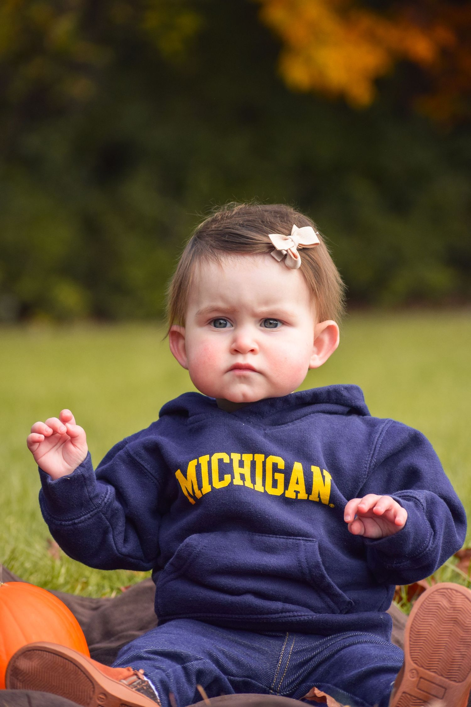 Small figure wearing navy Michigan sweatshirt sits near pumpkins in autumn setting.