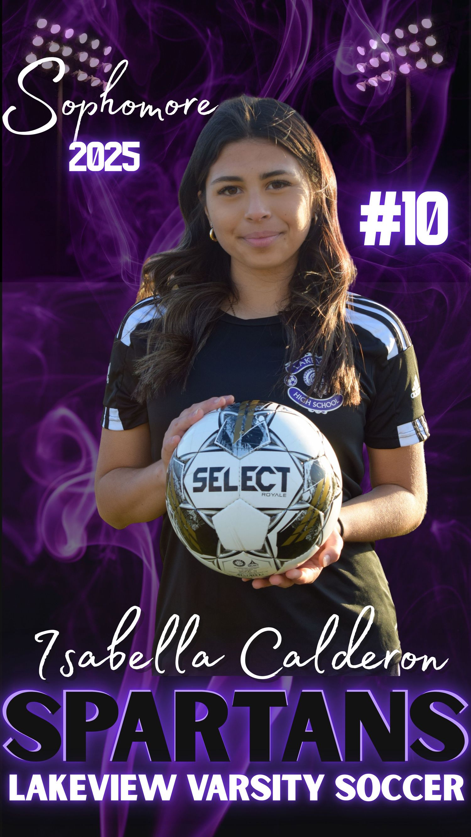 Sophomore soccer player poses with ball for Lakeview Spartans team photo.