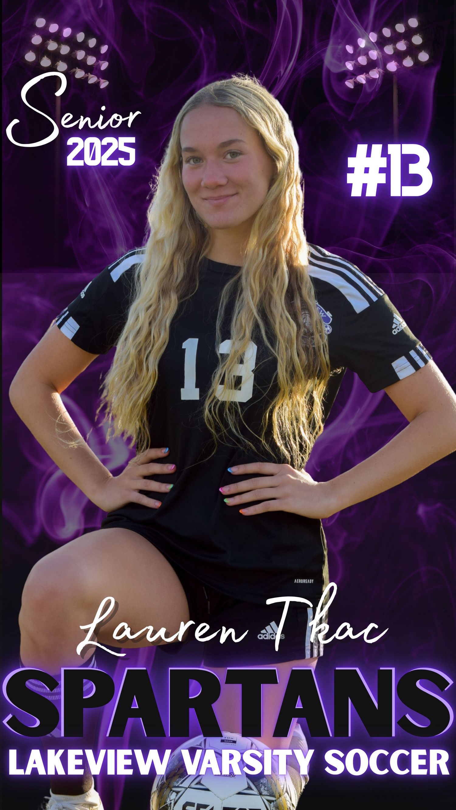 Lakeview Spartans varsity soccer team photo with purple background and lighting effects.