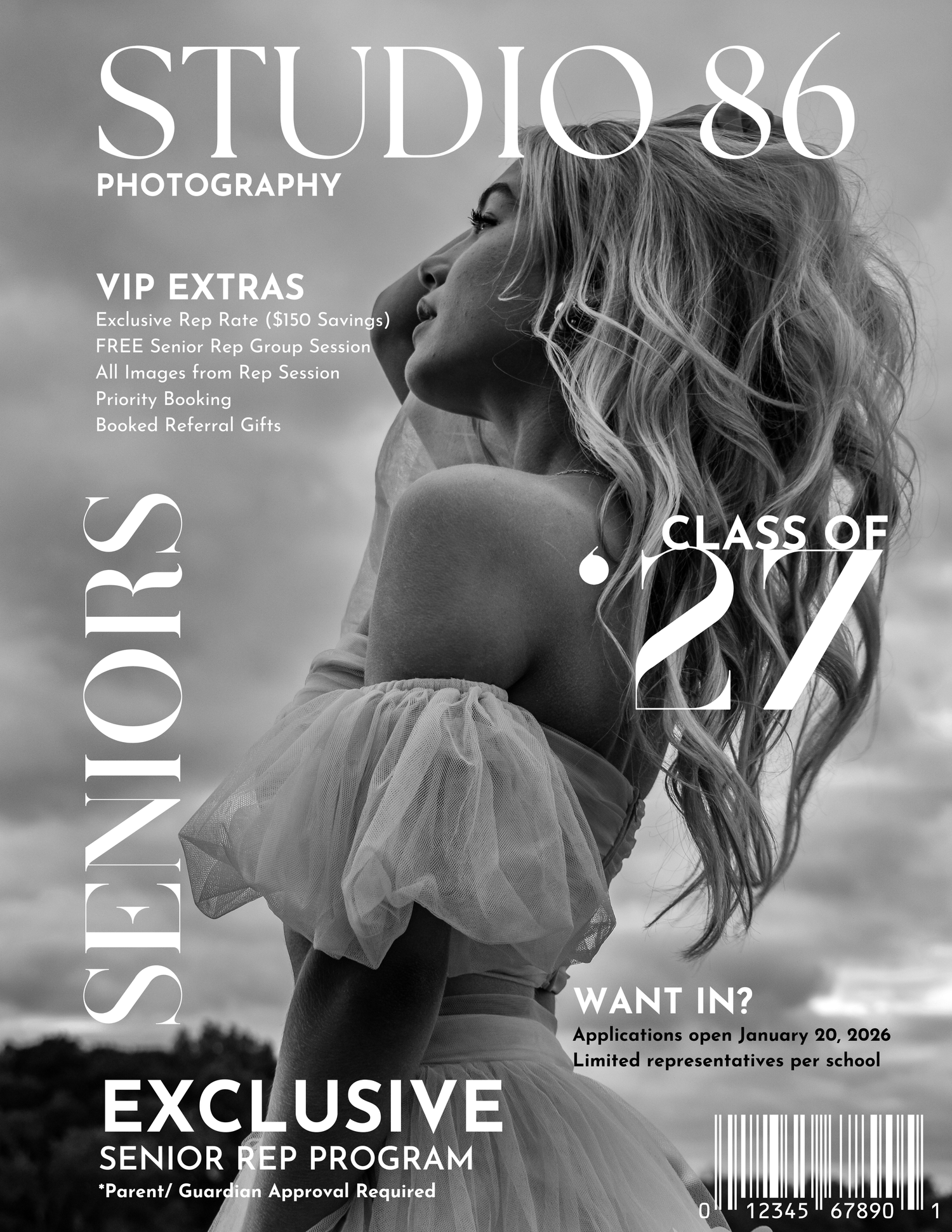 Photography studio promotional cover for senior portrait VIP program in monochrome style.