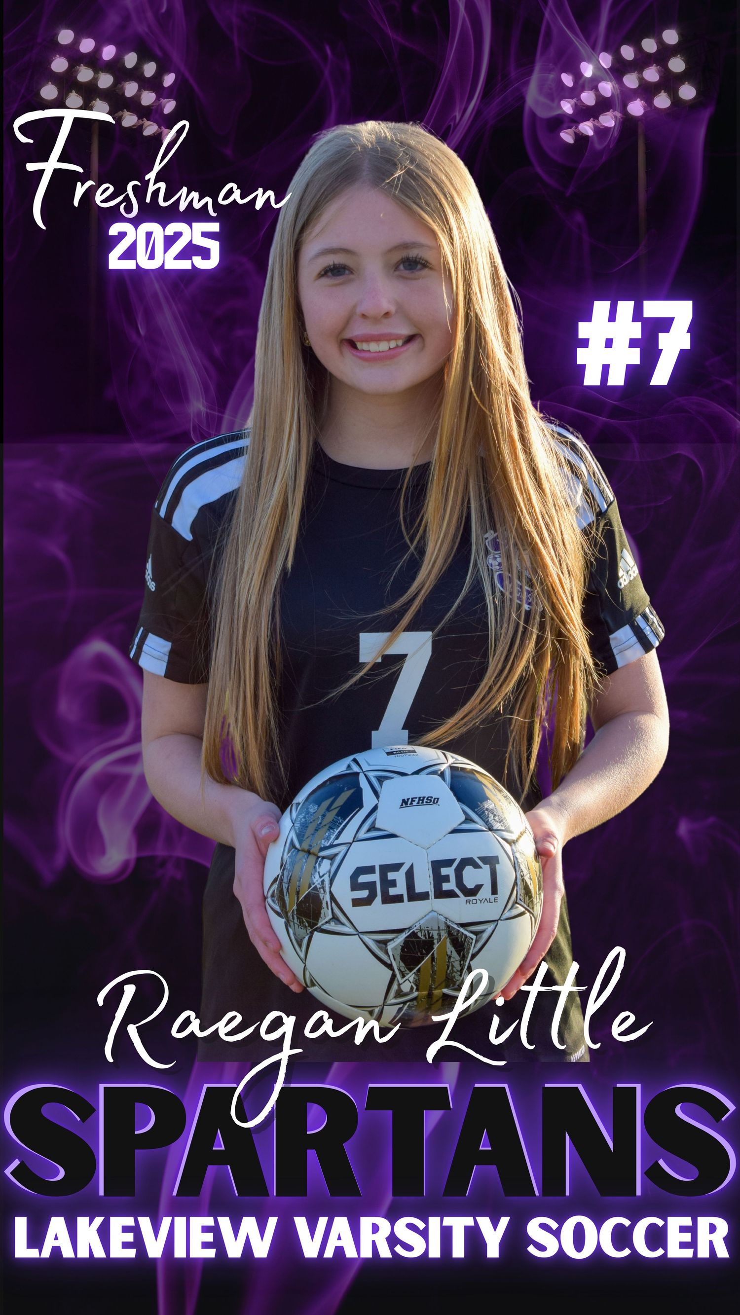Varsity soccer player holds Select ball against purple smoke effect background.