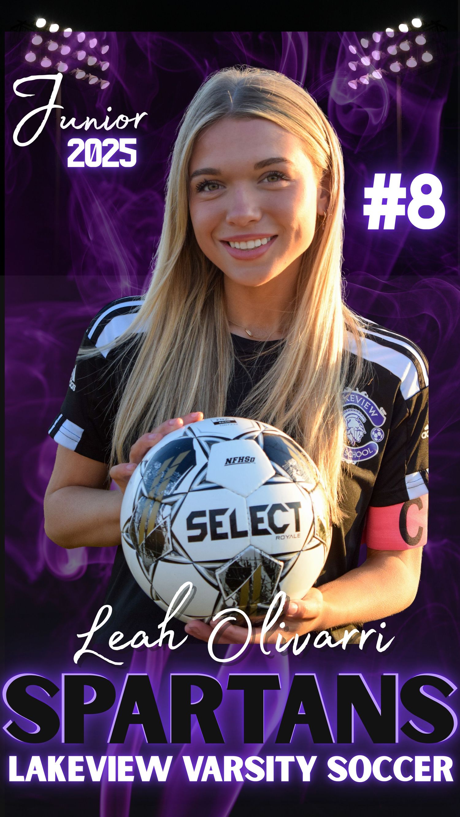 Lakeview varsity soccer player poses with ball against purple themed background.