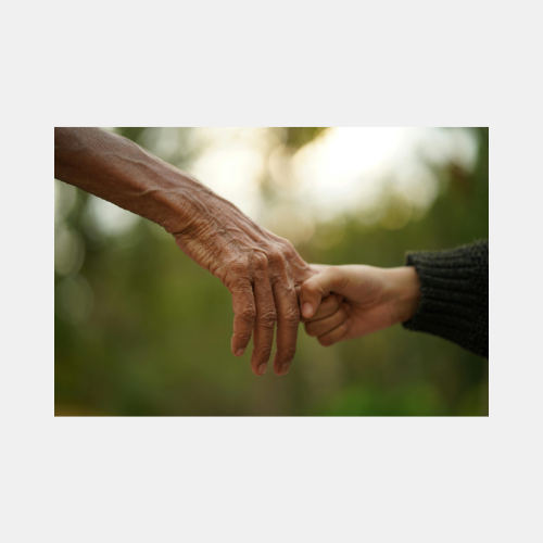 Two hands gently touching - one elderly and wrinkled, one younger - in a tender moment against soft natural lighting.