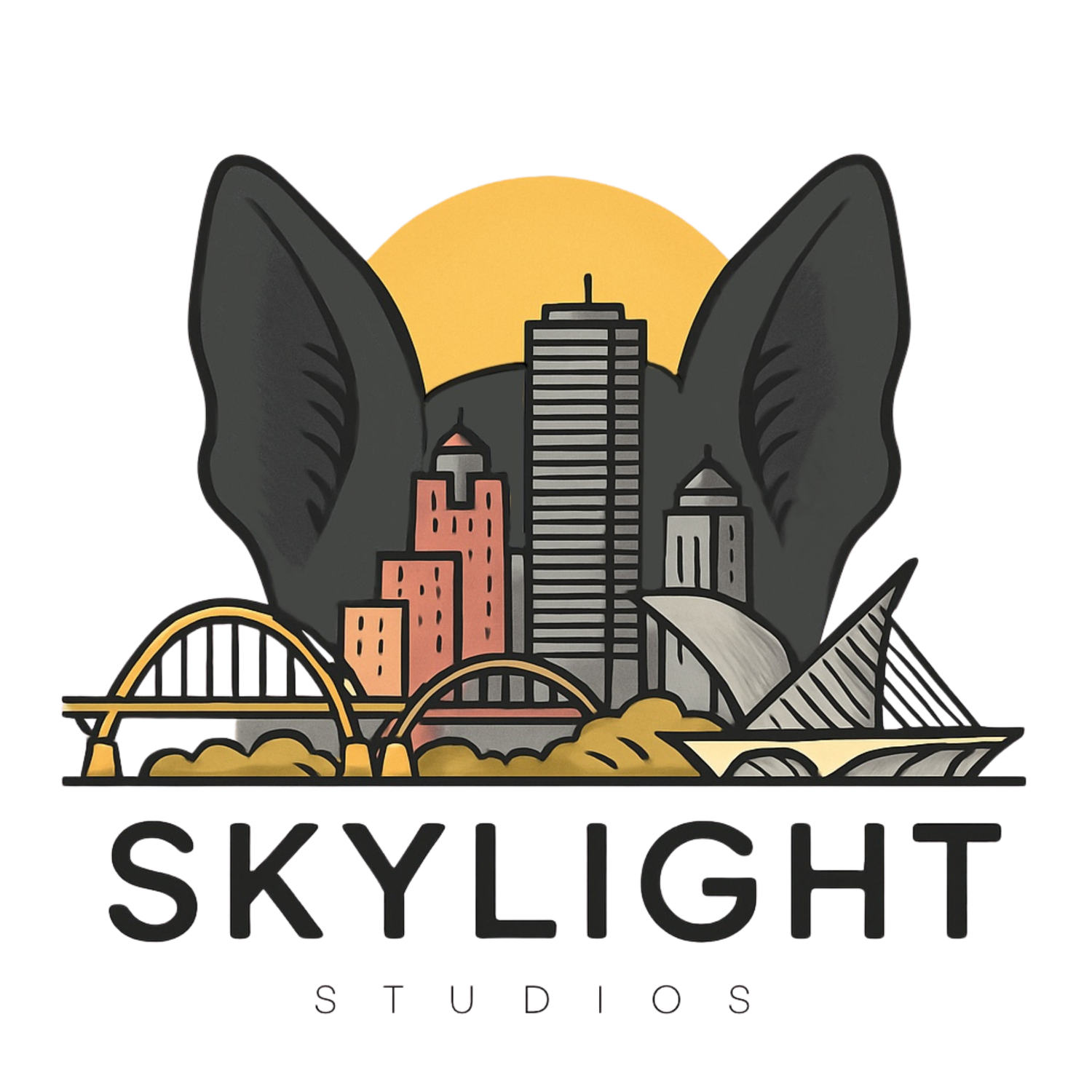 Modern logo variations for Skylight Studios featuring urban skyline and dog ear motifs.