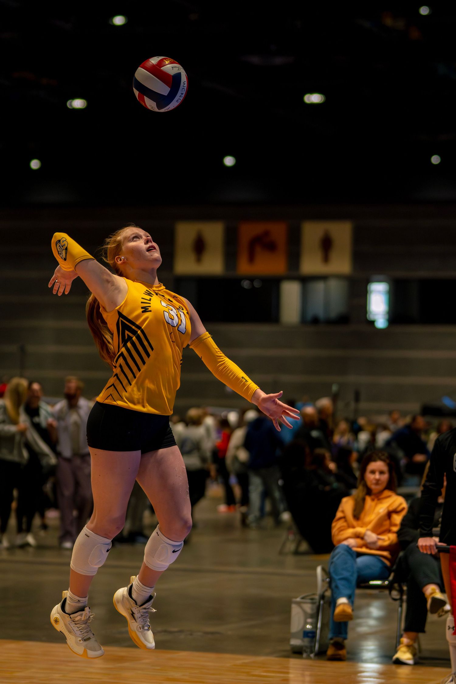 Milwaukee State volleyball player in gold uniform jumps to serve the ball during an indoor match.