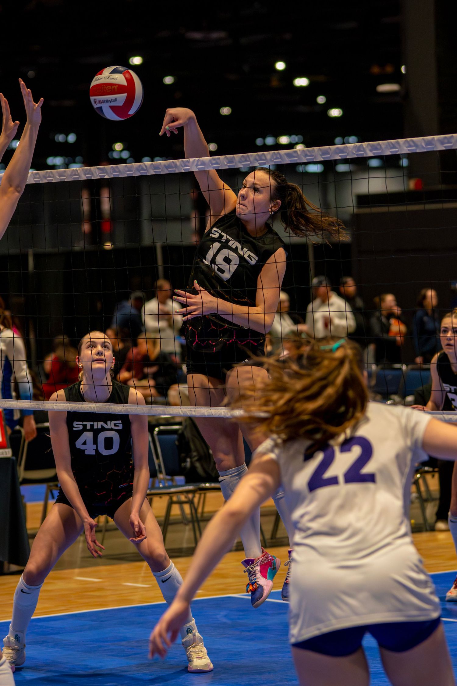 Player #19 in black Sting jersey spikes volleyball over net during indoor tournament match.