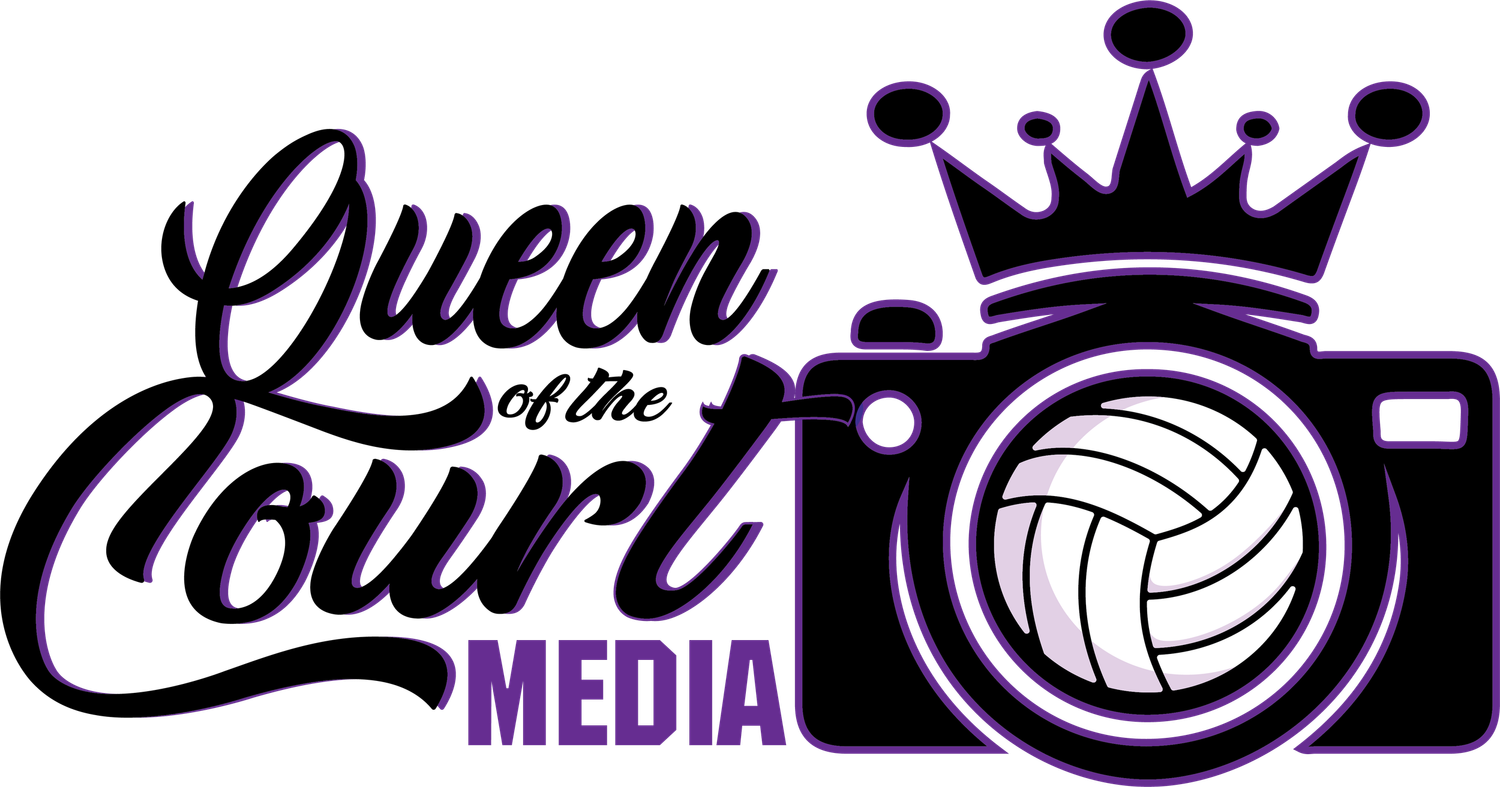 Decorative purple logo design featuring crowns and volleyball elements.