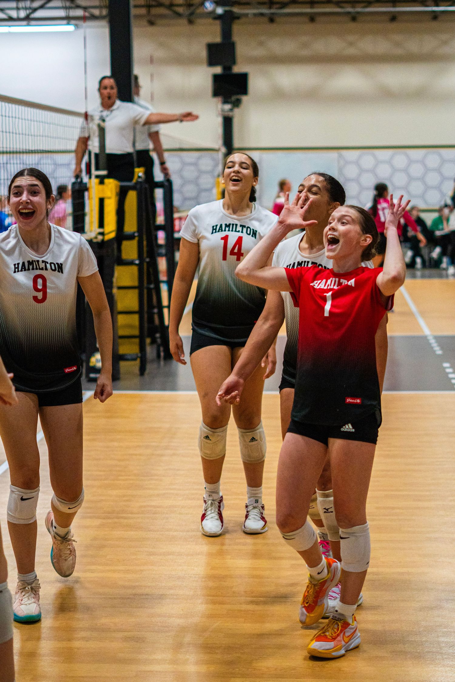 Volleyball players celebrating and jumping with joy during an indoor match.