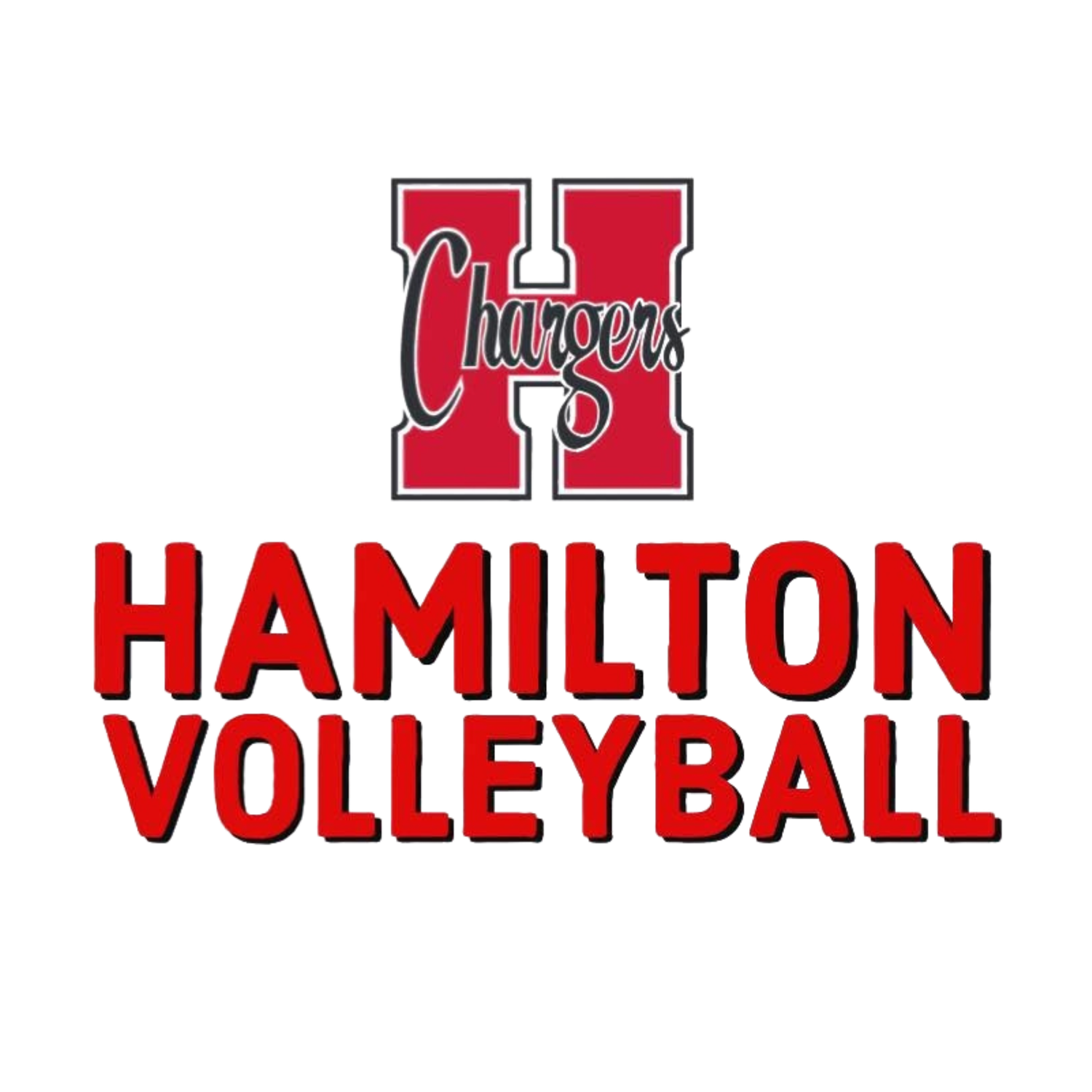 Red and white Hamilton volleyball team branding and typography.
