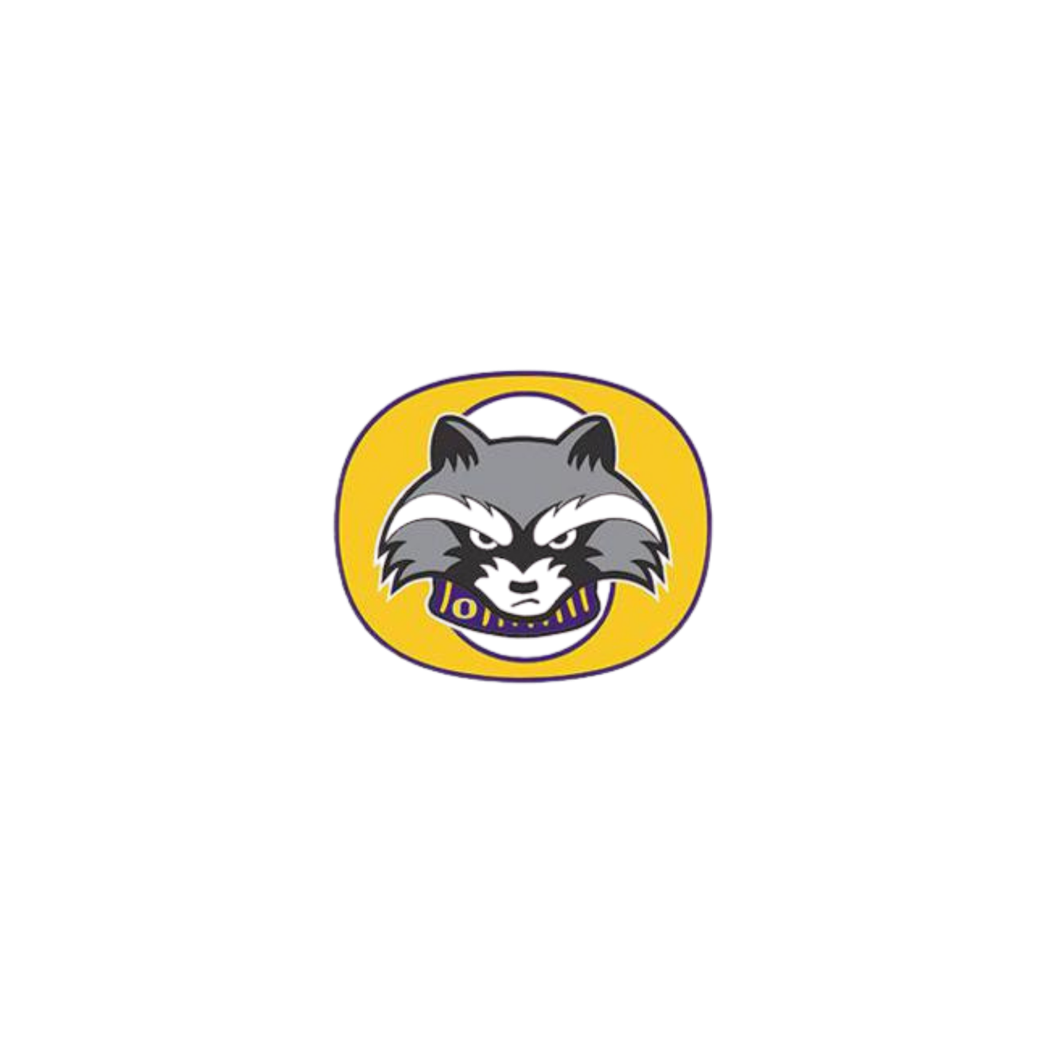 Angry raccoon mascot logo with gray fur on yellow oval background, showing fierce expression with bared teeth.