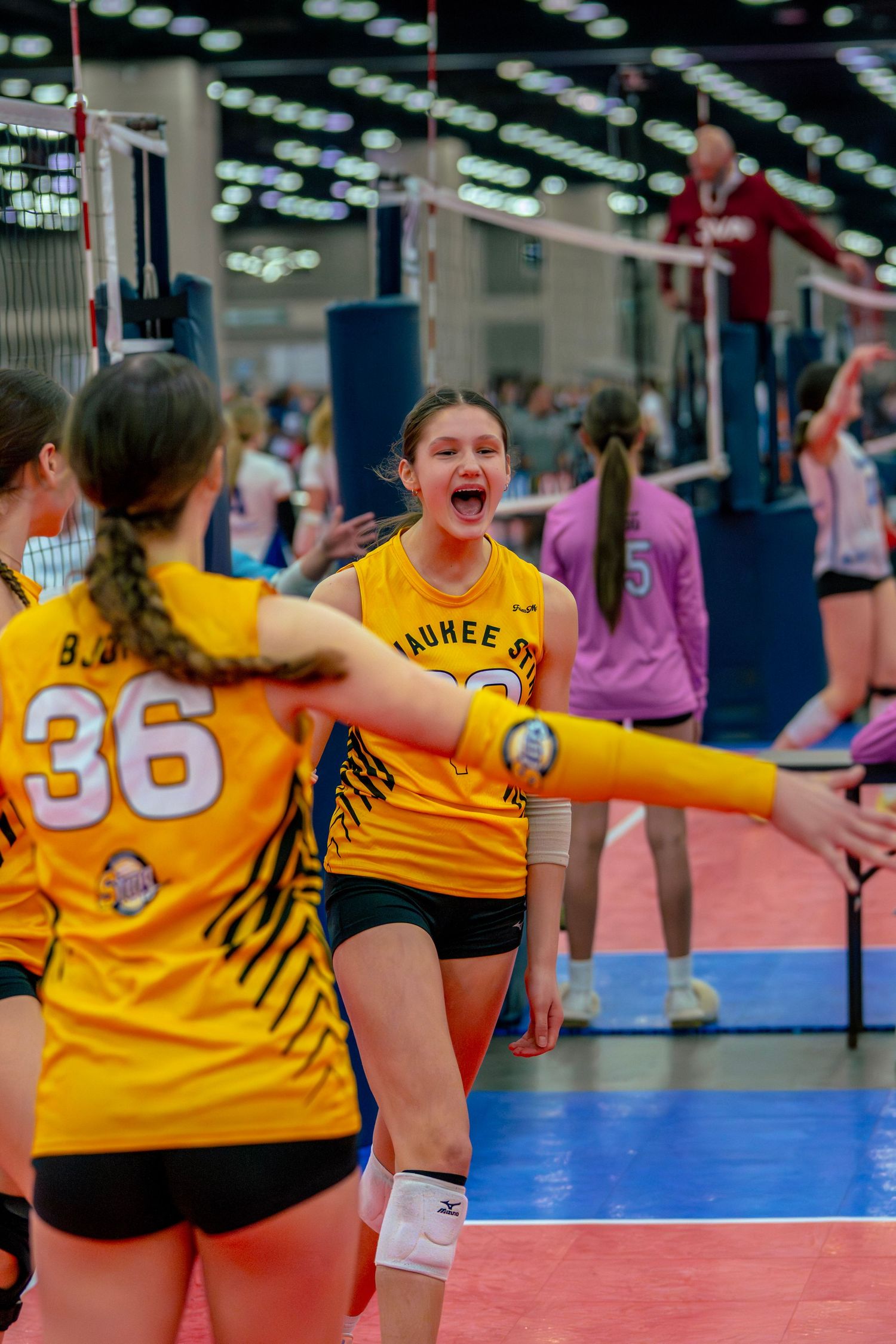 Young volleyball players in yellow jerseys celebrate during an indoor tournament, with player 36 visible on court.