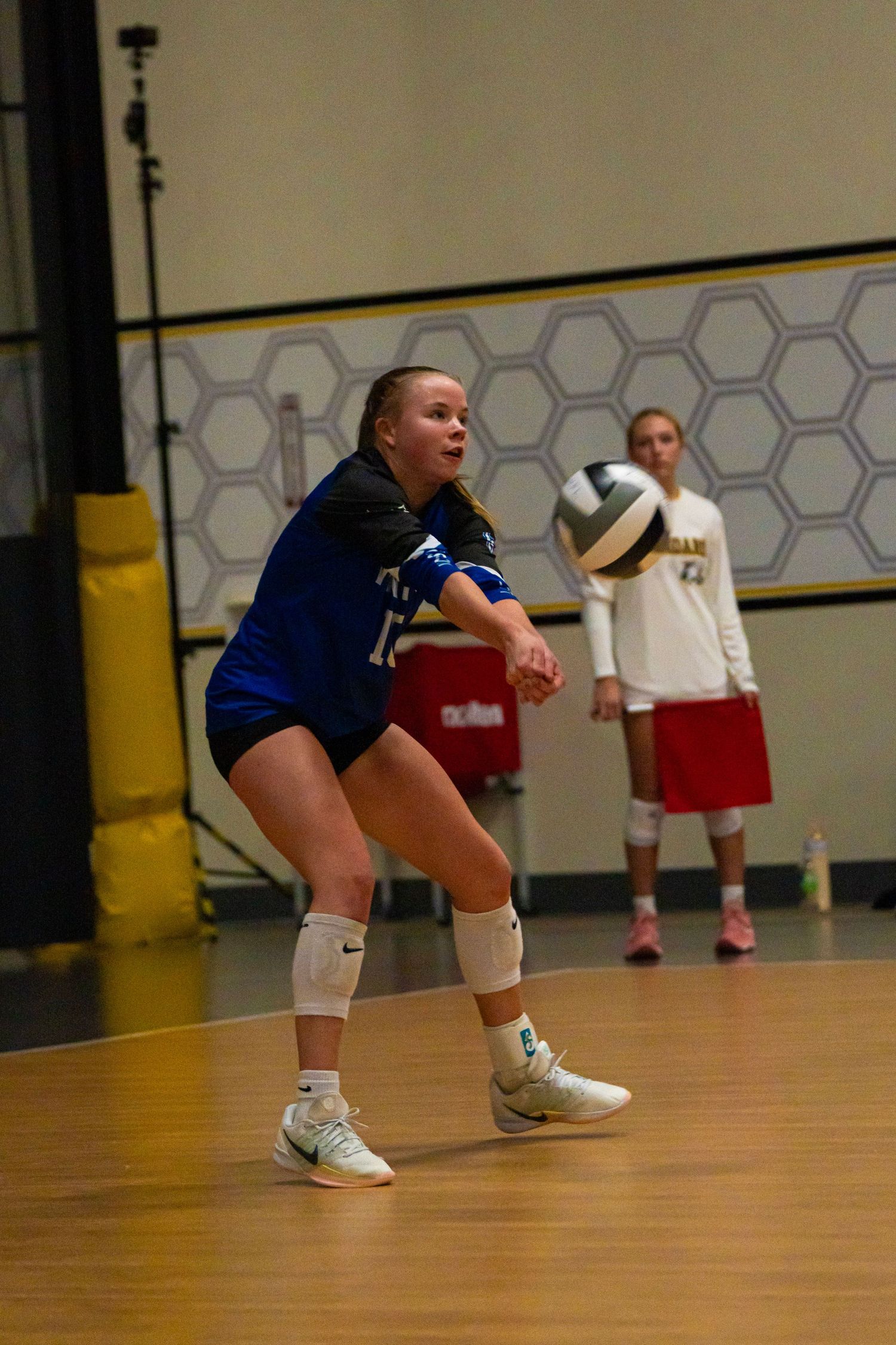 Player in blue uniform crouching low in defensive volleyball position on wooden court.