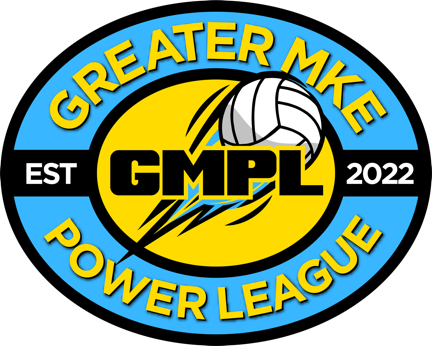 Greater Milwaukee Power League volleyball organization logo collection in blue and yellow.