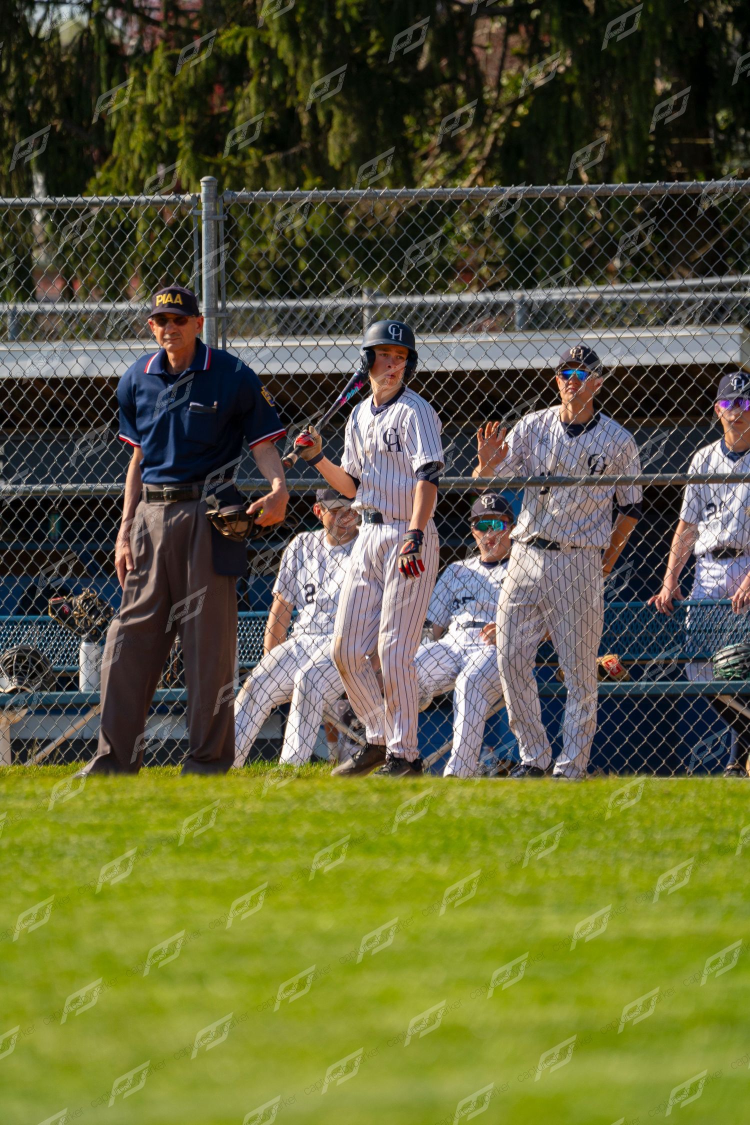 Baseball players in pinstripe uniforms watch game from dugout beside umpire in navy jacket.