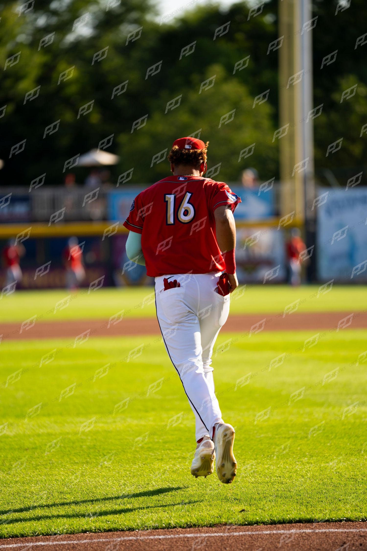 Baseball player #16 in red uniform running across green outfield grass during a sunny game.