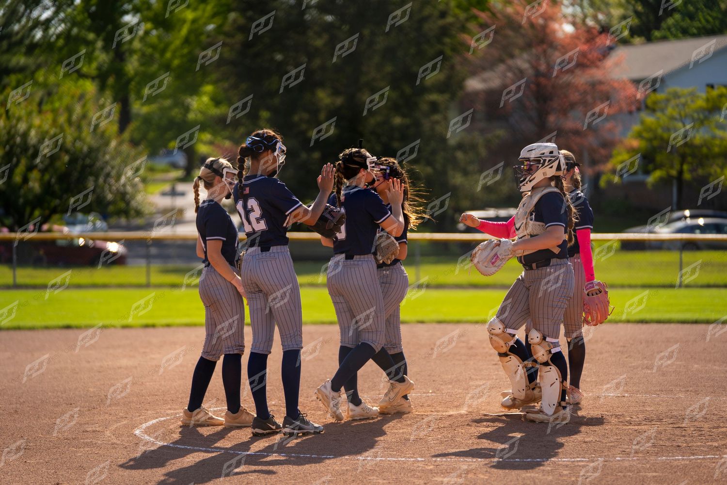 Female softball team huddles together on the field celebrating during an outdoor game.