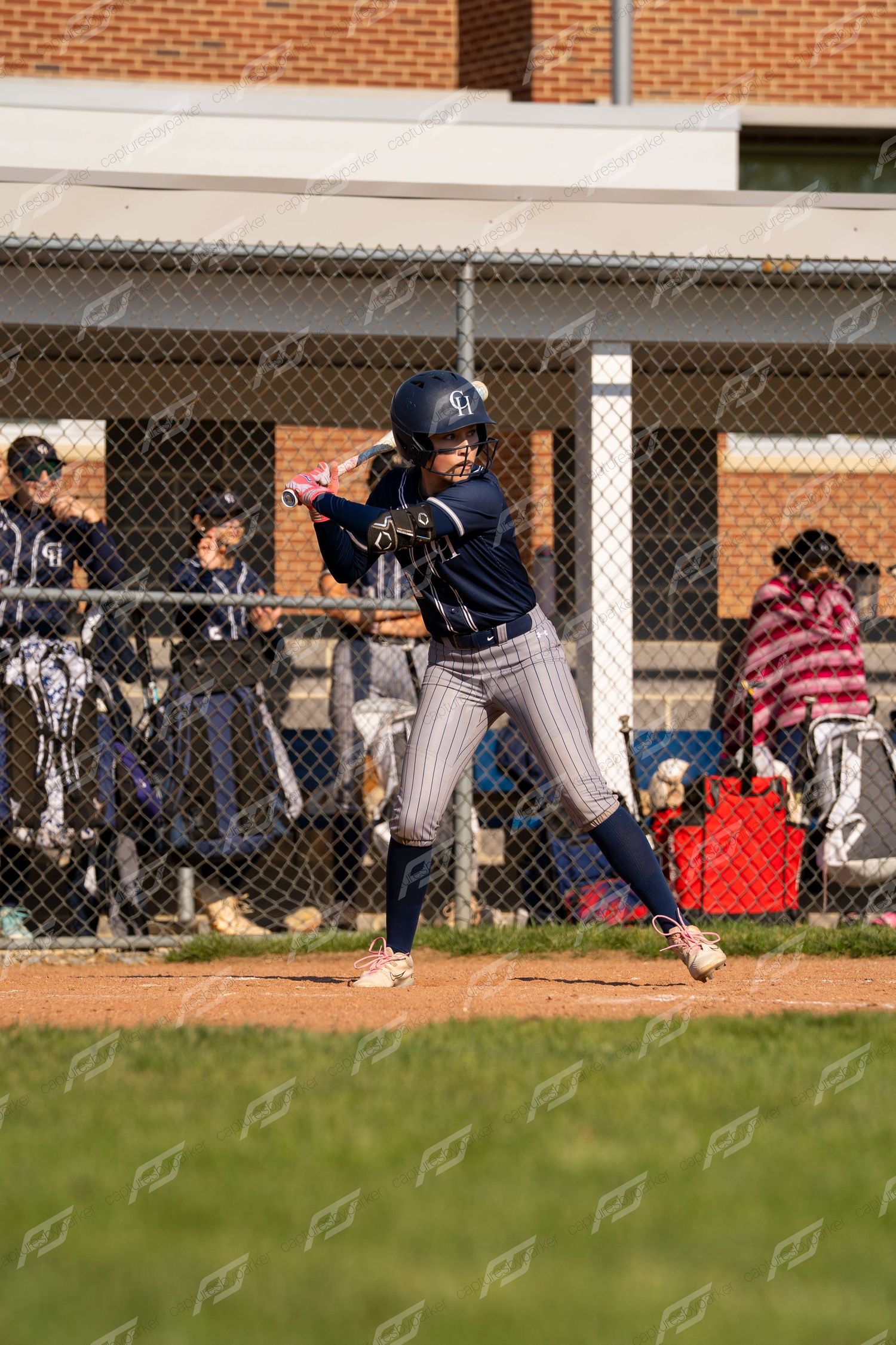 Female softball player in navy pinstripe uniform in batting stance at home plate during a game.