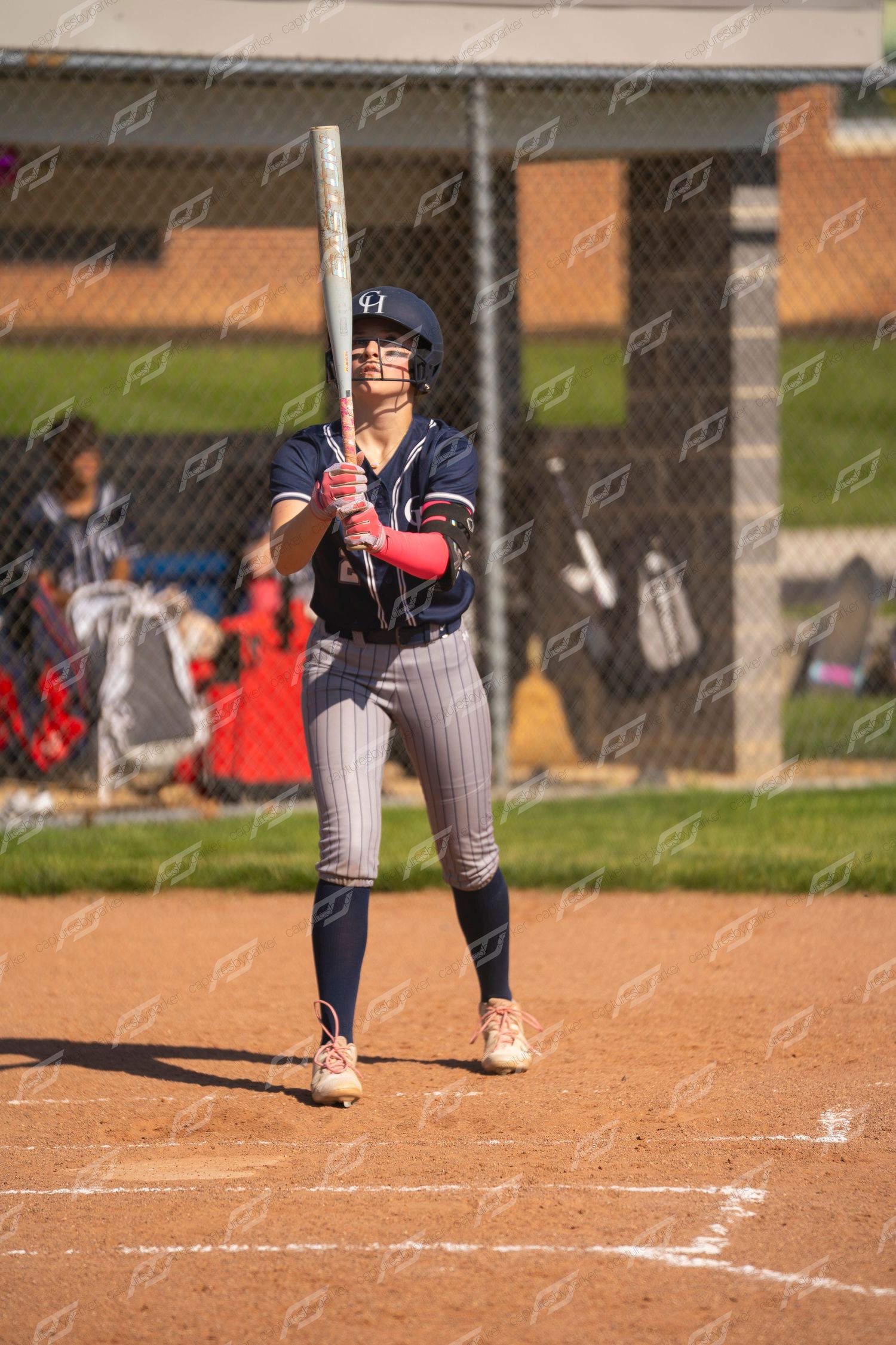 Female softball player stands ready at bat wearing navy pinstripe uniform and batting helmet.