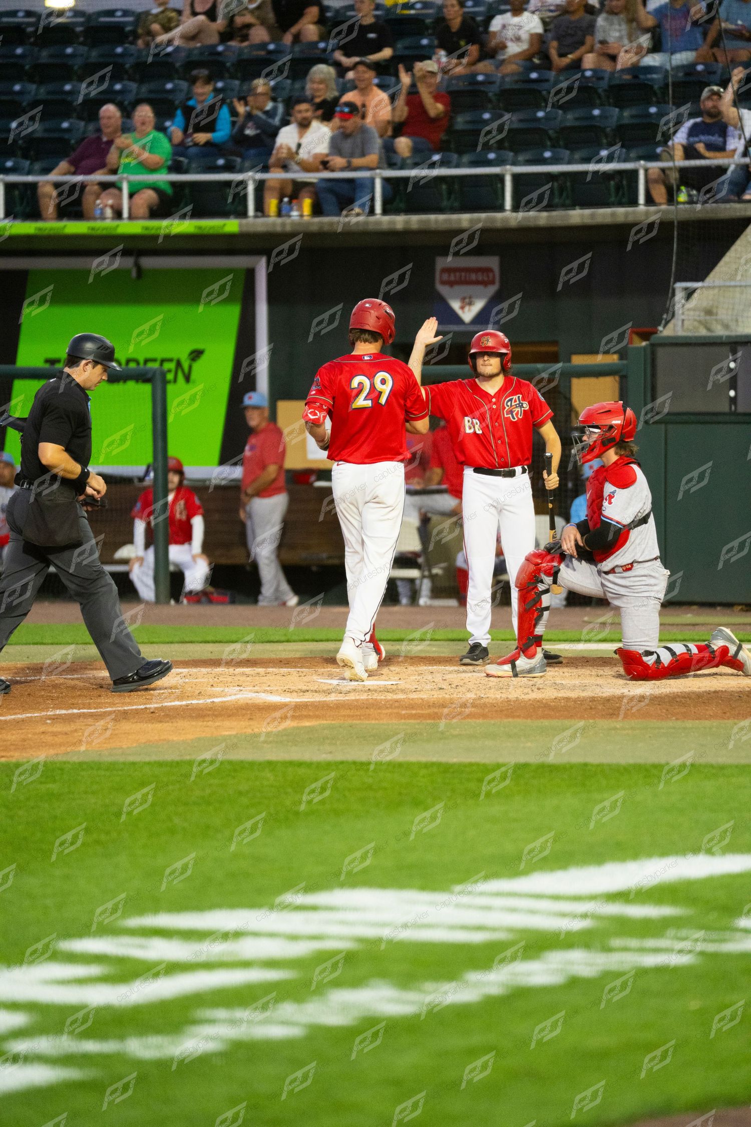 Baseball player #29 scores a run and receives a high-five from teammate at home plate during a night game.