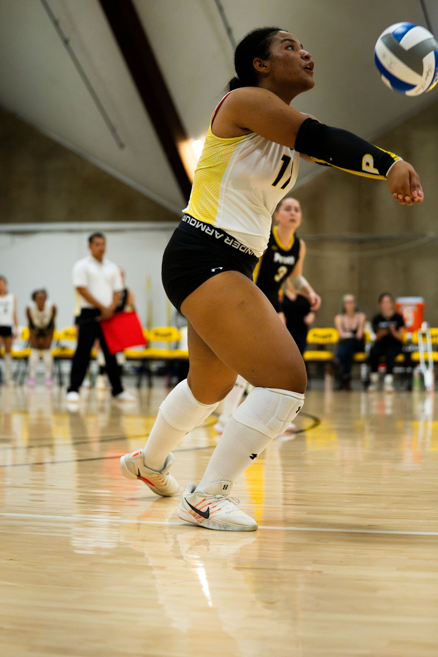 Female volleyball player in yellow and black uniform performs a dig during an indoor match.
