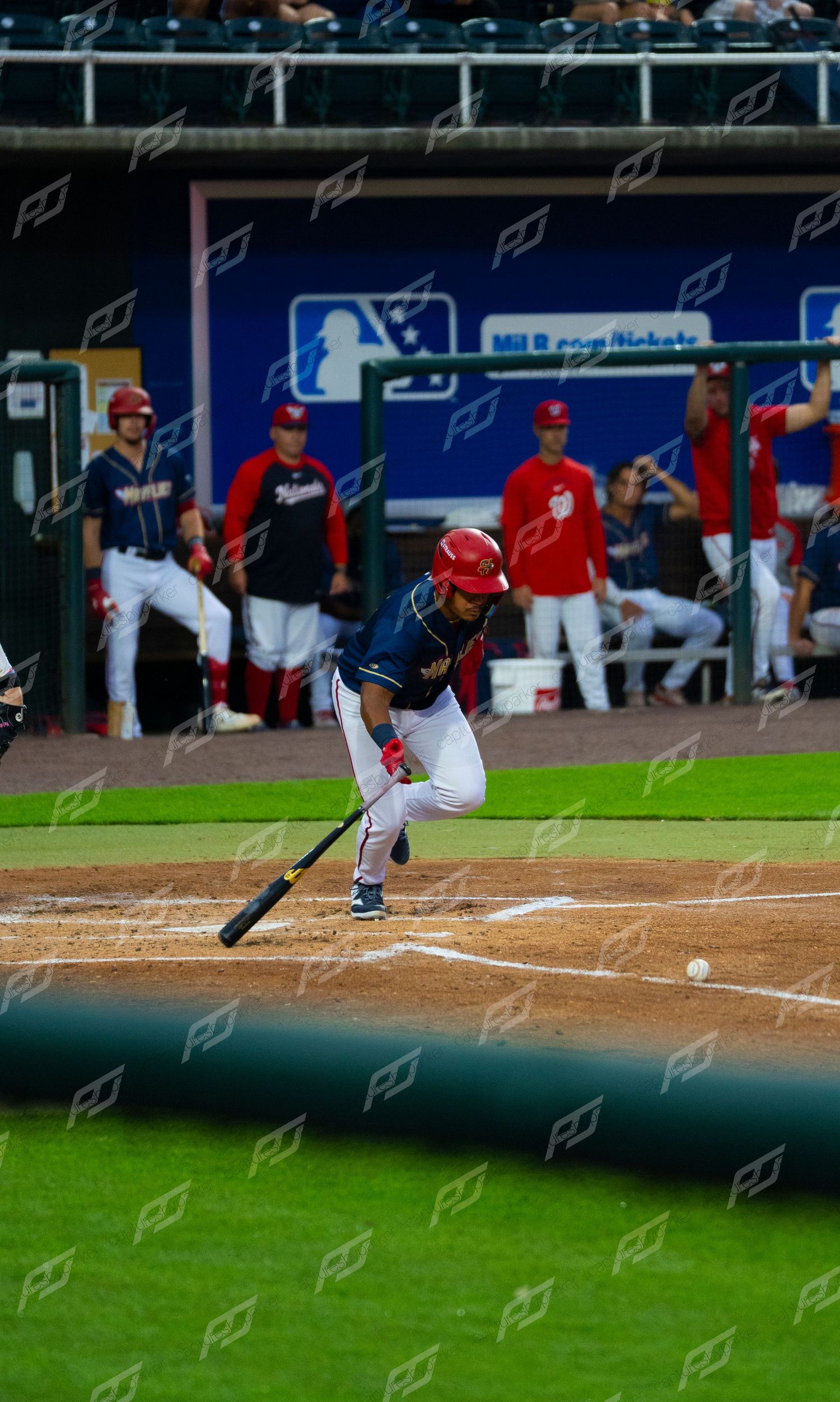 Baseball player in navy uniform and red helmet attempts to hit low pitch during minor league game.