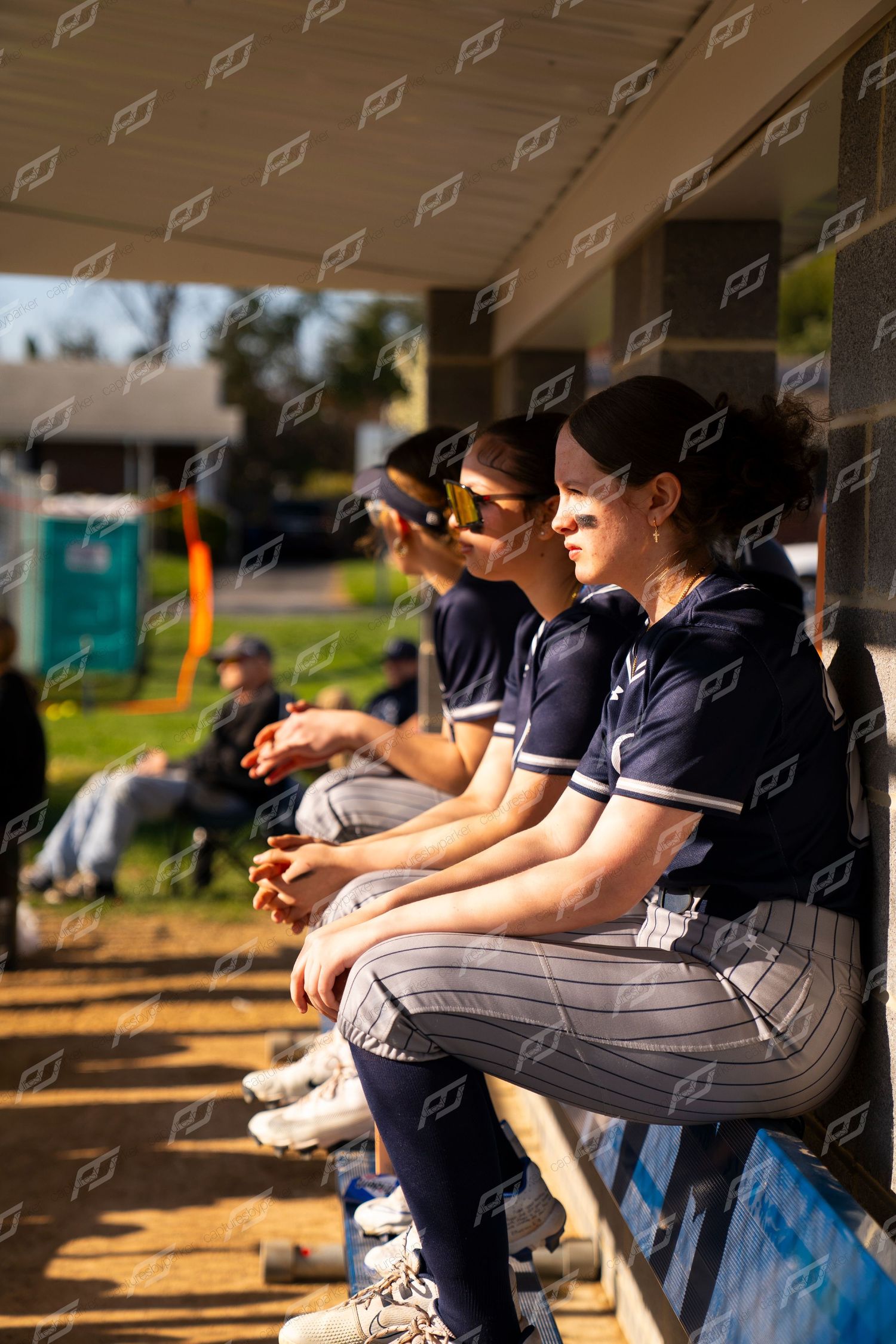 Softball players in navy pinstripe uniforms sitting in the dugout bench during a game.