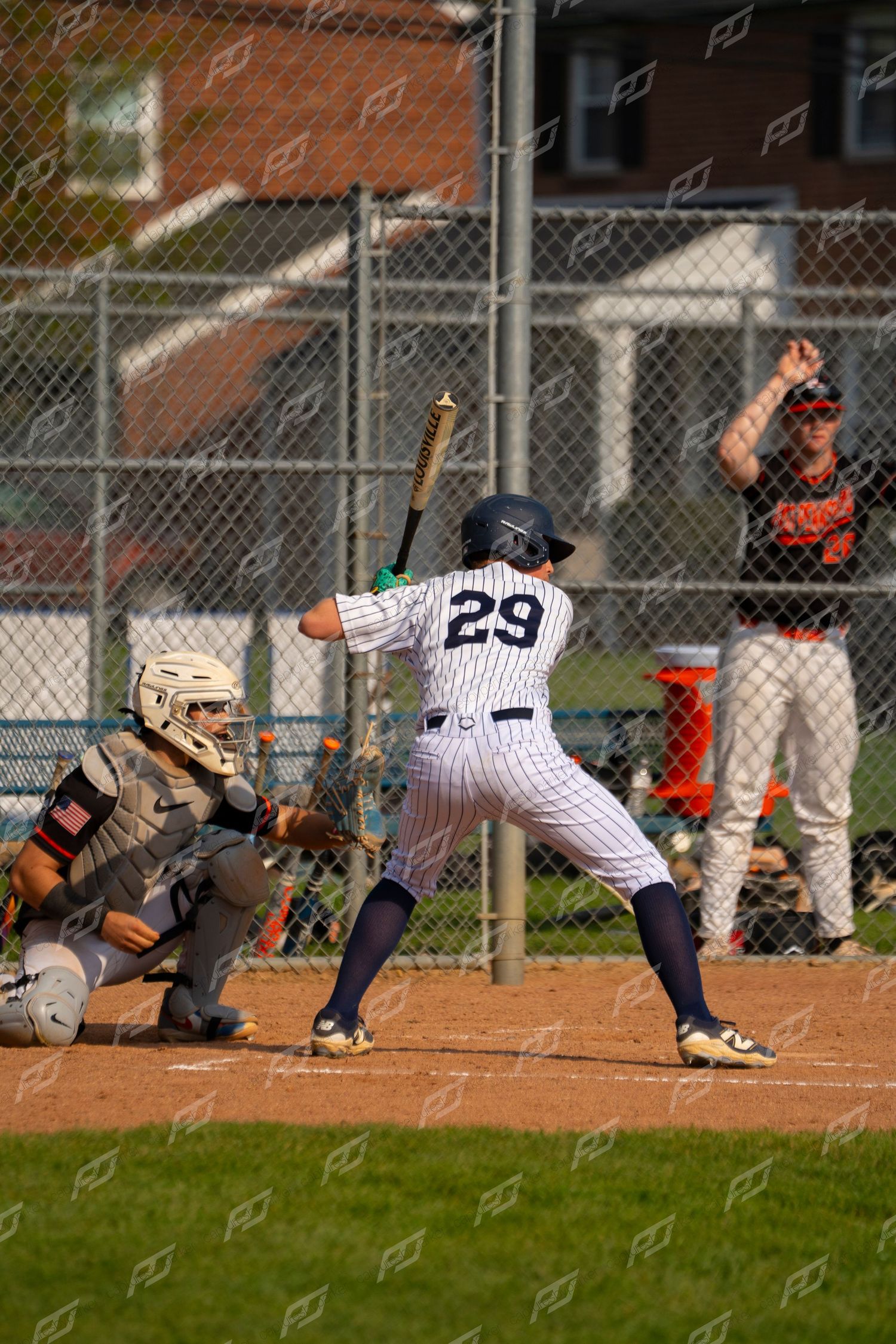 Baseball batter #29 in white pinstripes stands ready at the plate with catcher and umpire behind.