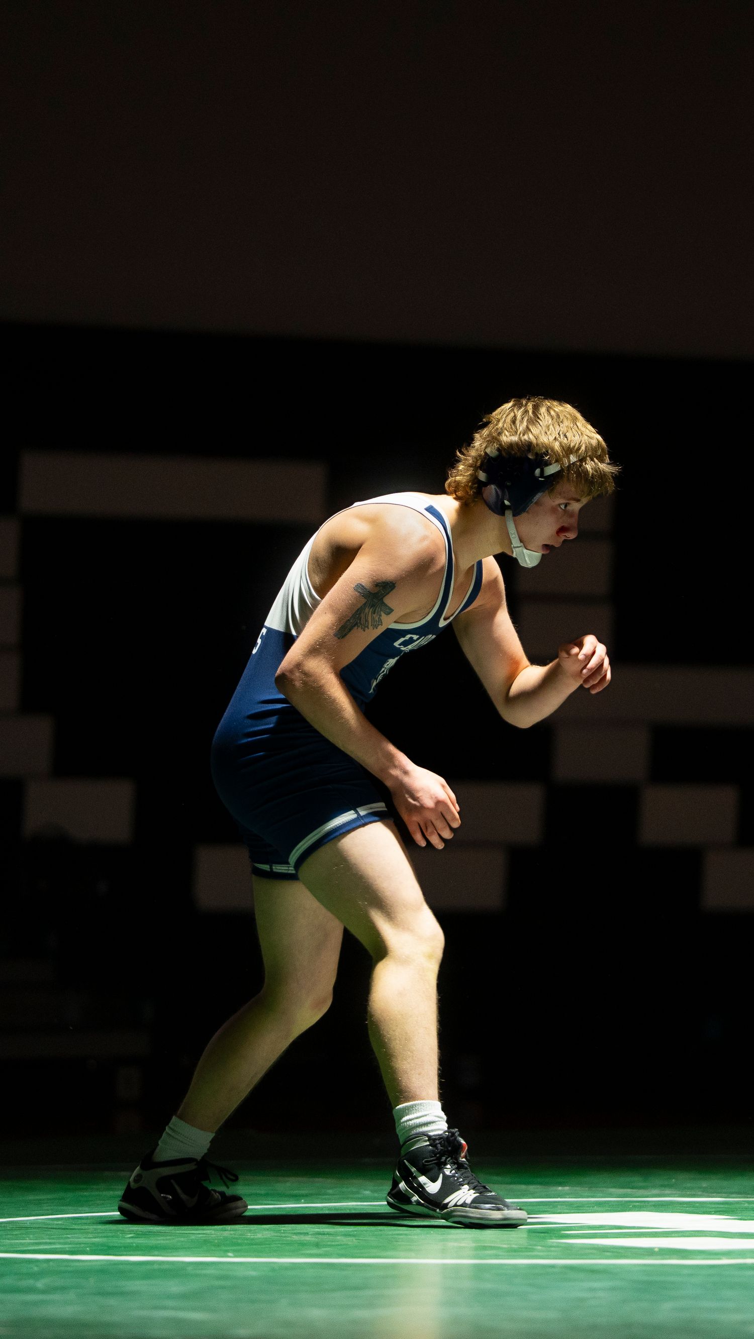 Young wrestler in blue singlet stands in athletic stance on green wrestling mat.