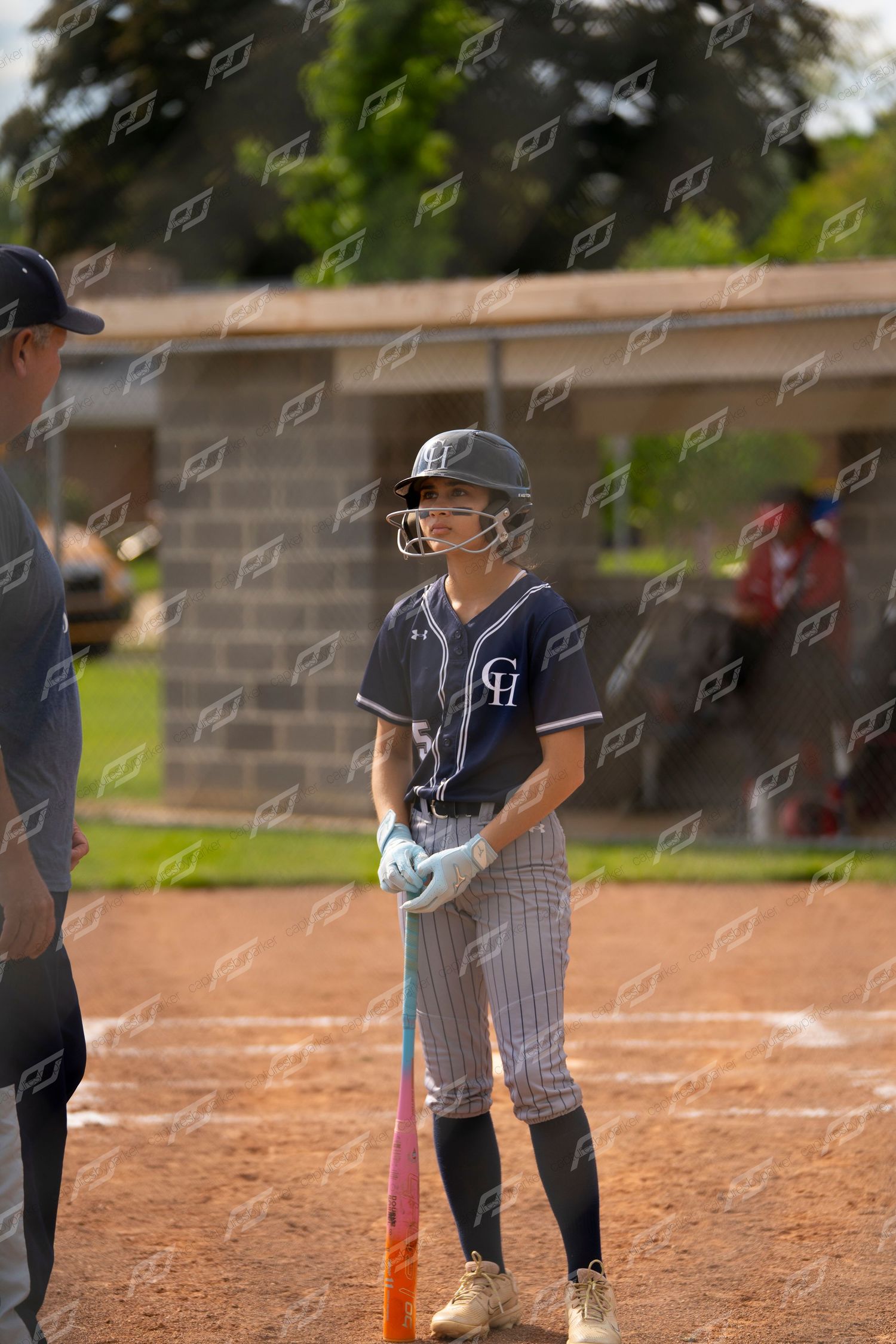 Softball player in navy pinstripe uniform holds bat at home plate during a sunny game.