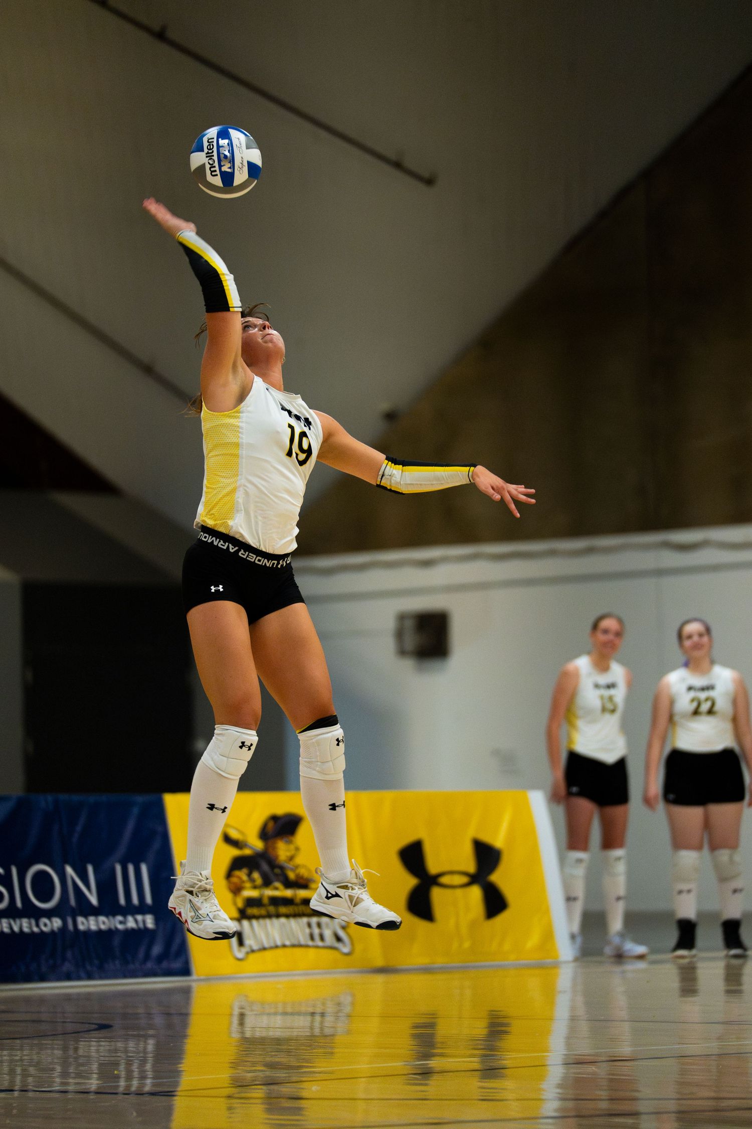 Volleyball player #19 in white and black uniform jumps to serve during a Division III collegiate match.