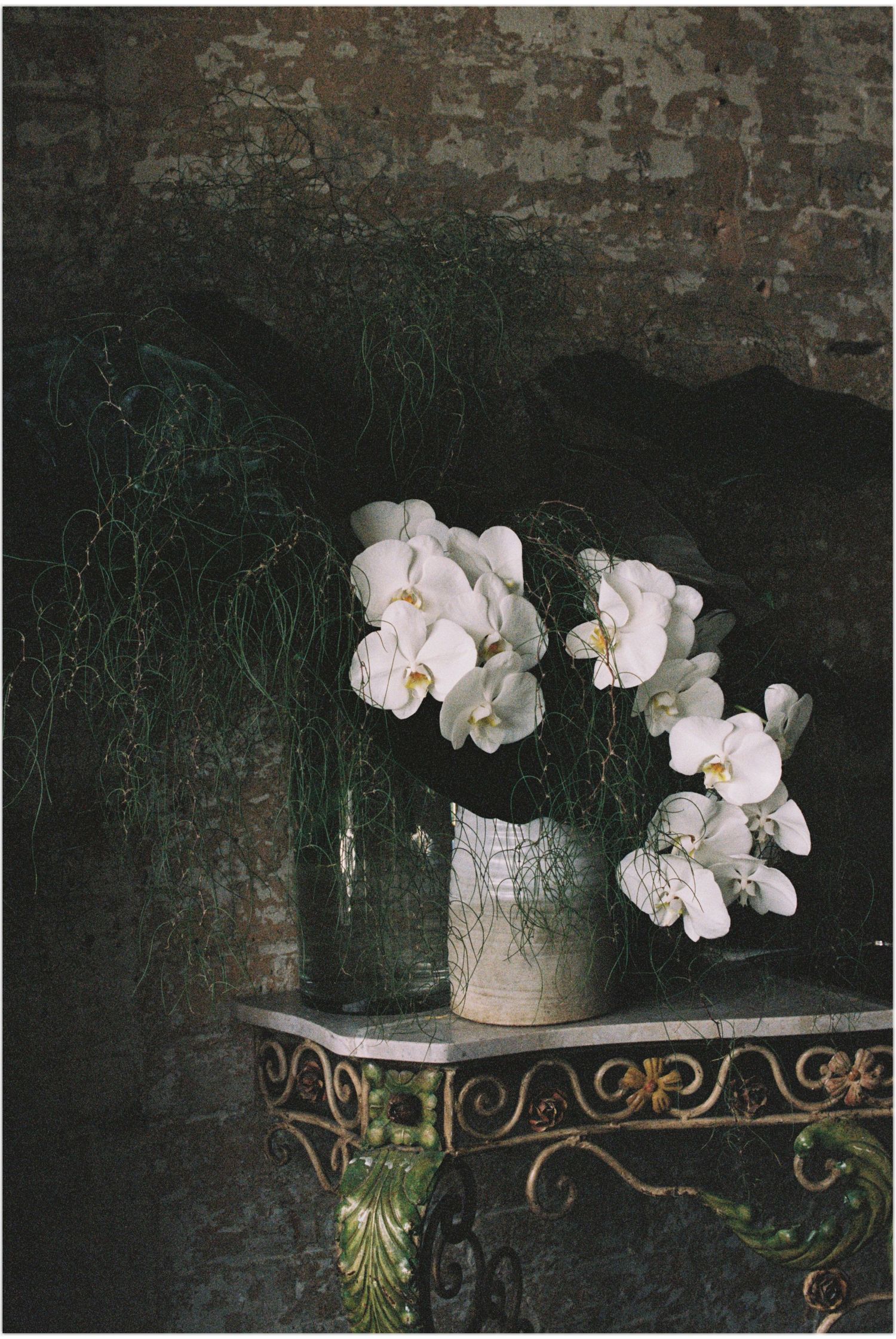 Elegant white orchids arranged in a vase on an ornate gold table against a rustic stone wall.