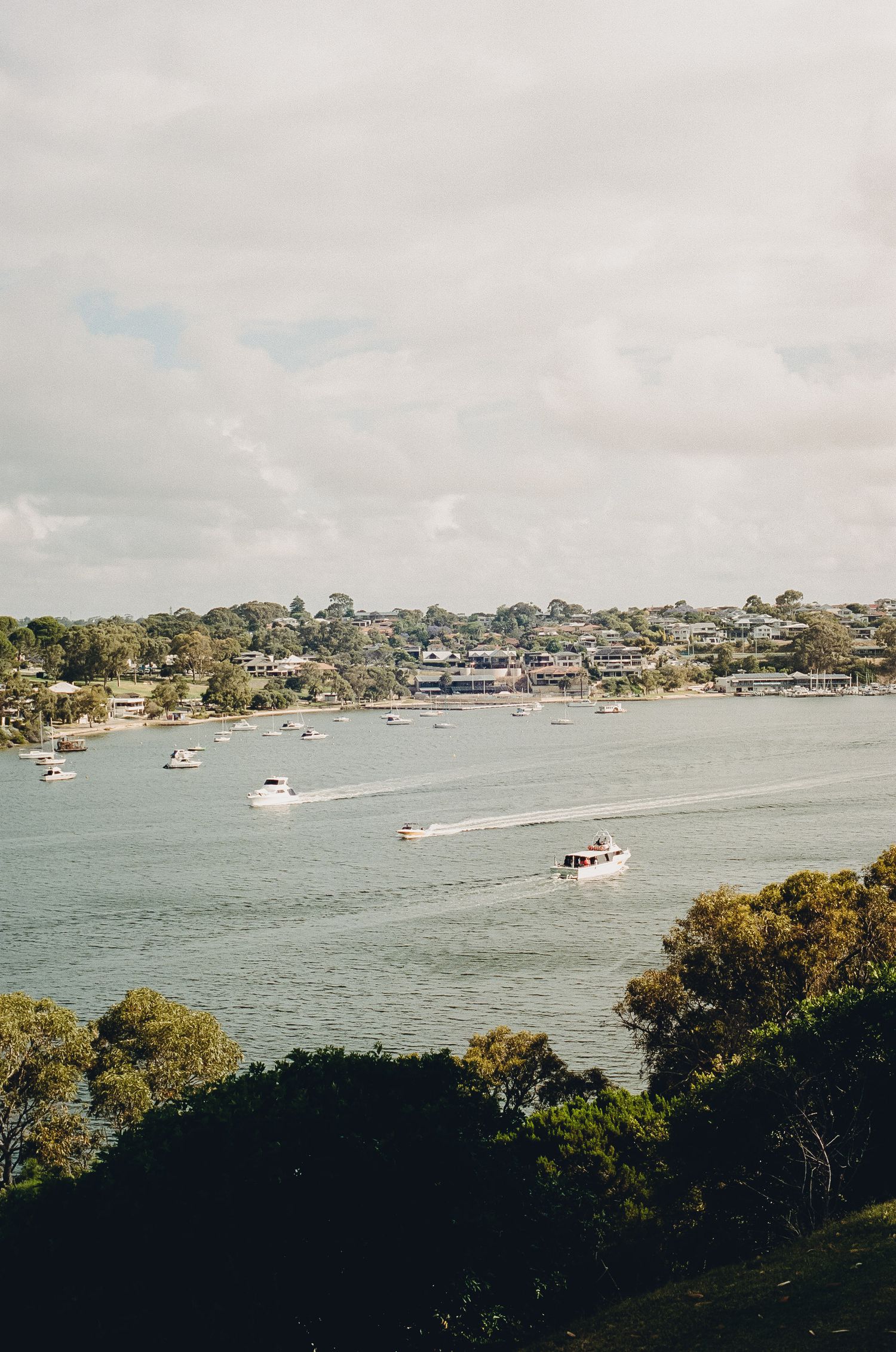 A scenic waterfront view with boats dotting the harbor and houses along the shoreline.