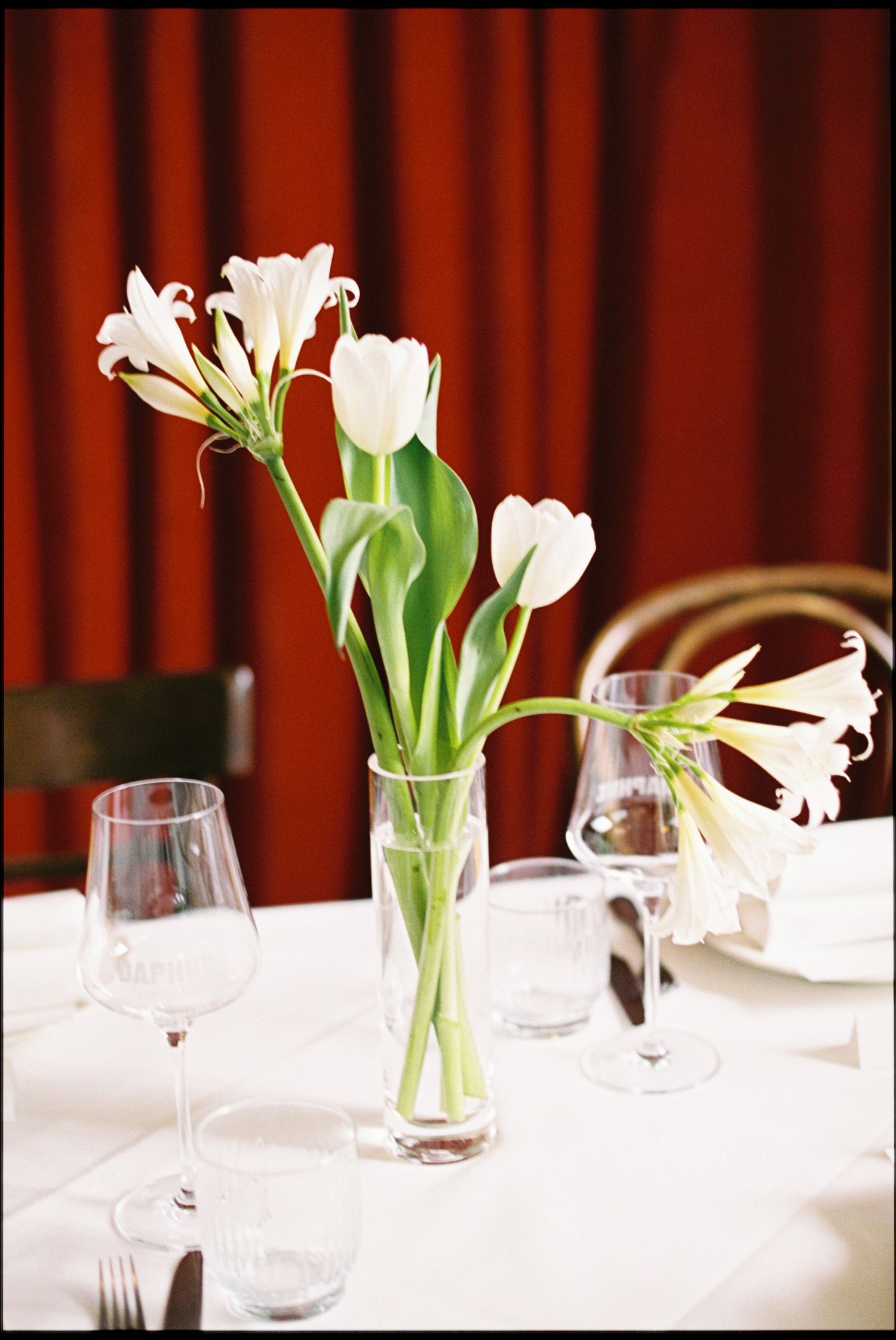 White tulips and lilies in a glass vase on a white tablecloth with wine glasses and red curtain backdrop.