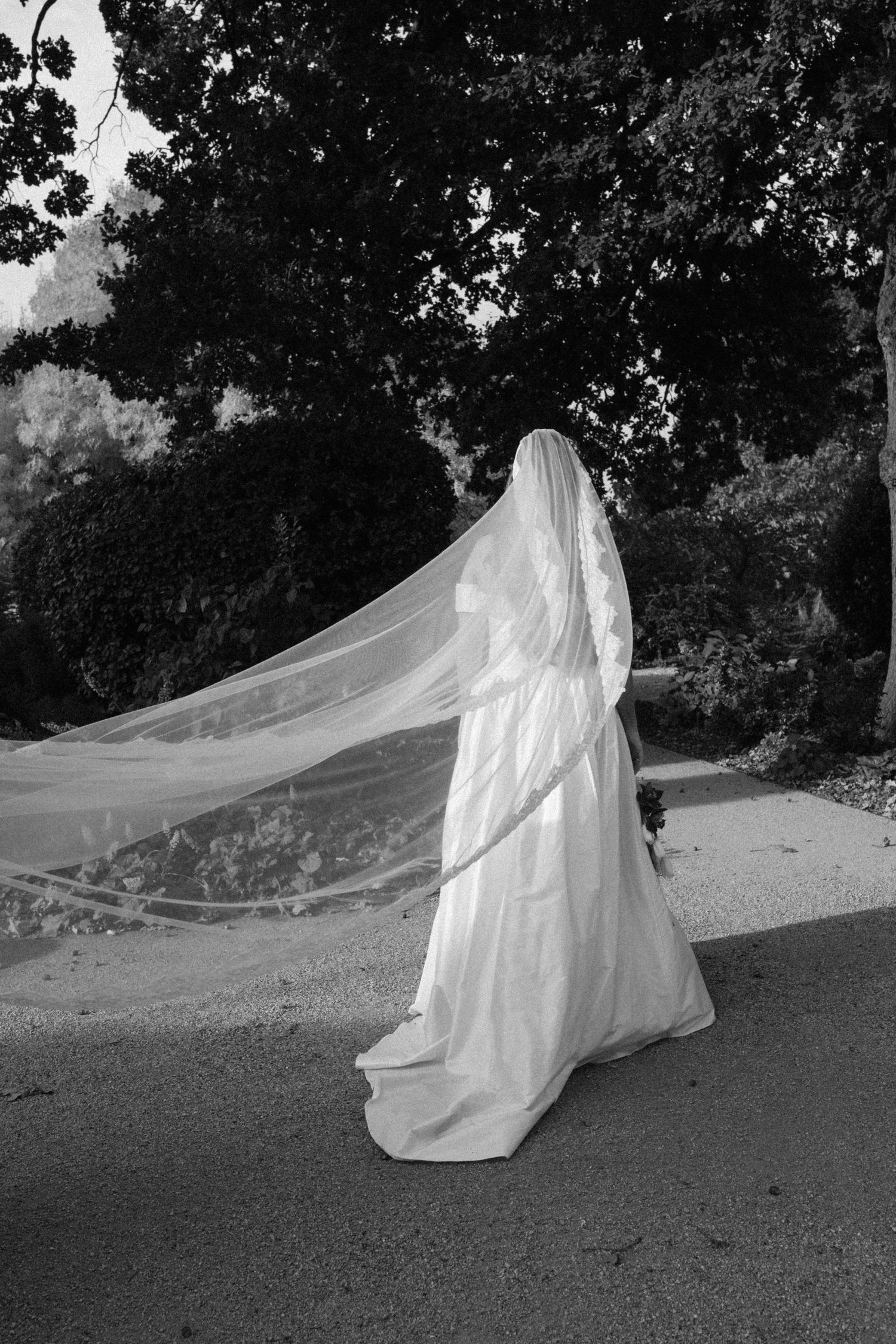 Black and white photo of a bride in a flowing white gown and long veil blowing in the wind, standing on a path.