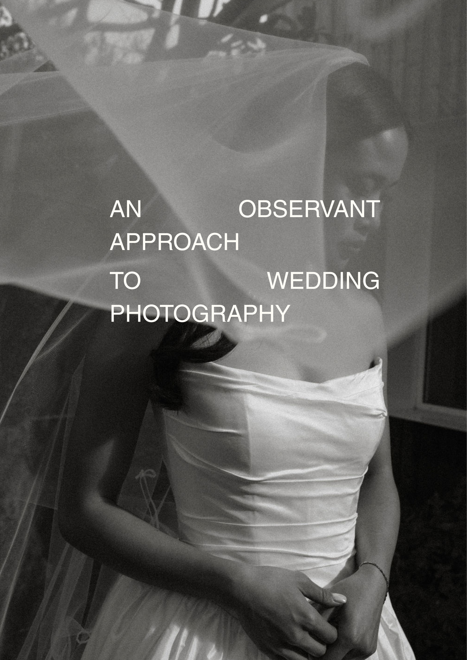 Black and white photo of a bride in a strapless gown with a flowing veil, overlaid with wedding photography text.