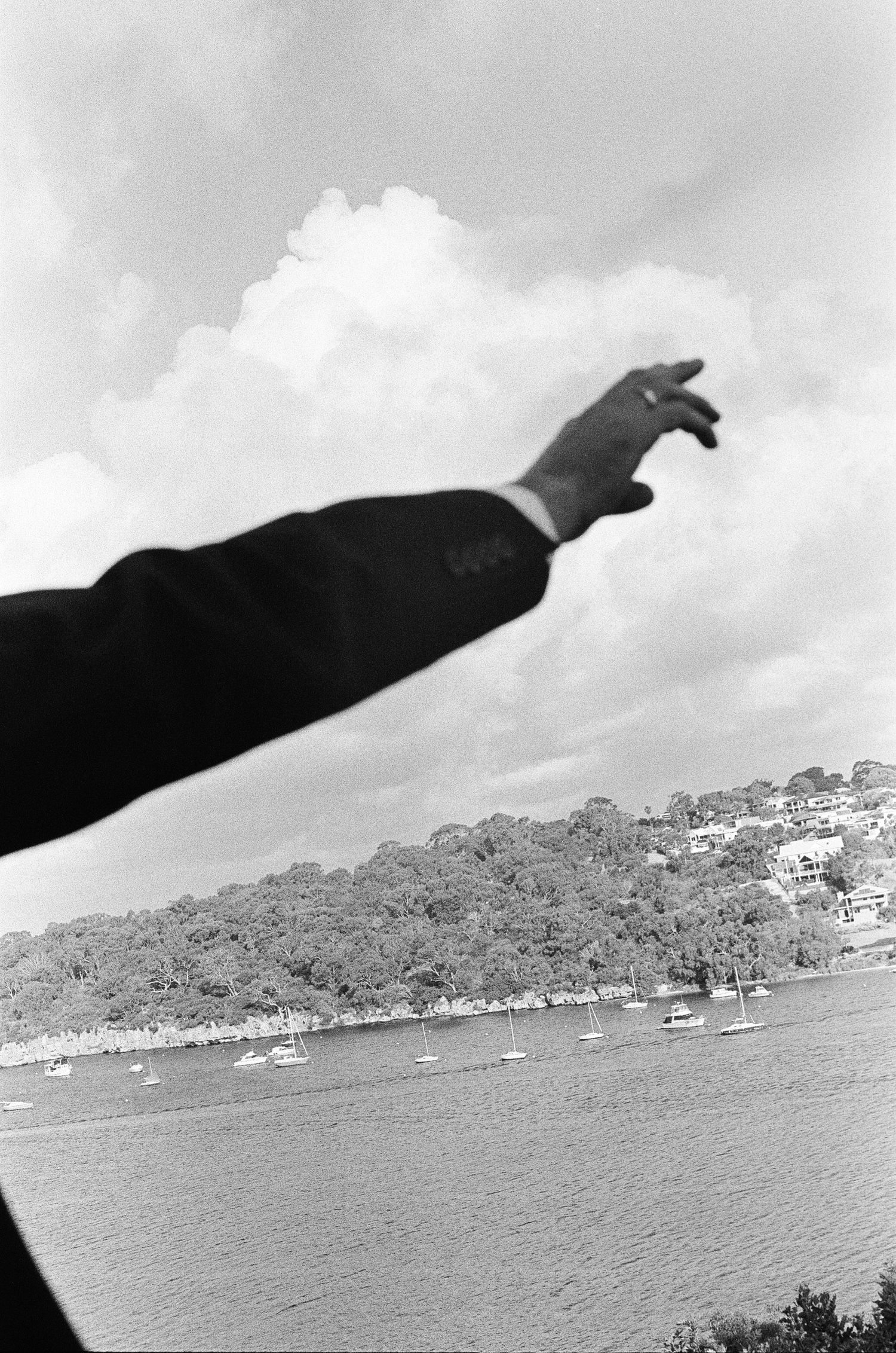 A silhouetted arm points across a harbor view with boats and shoreline in the distance.