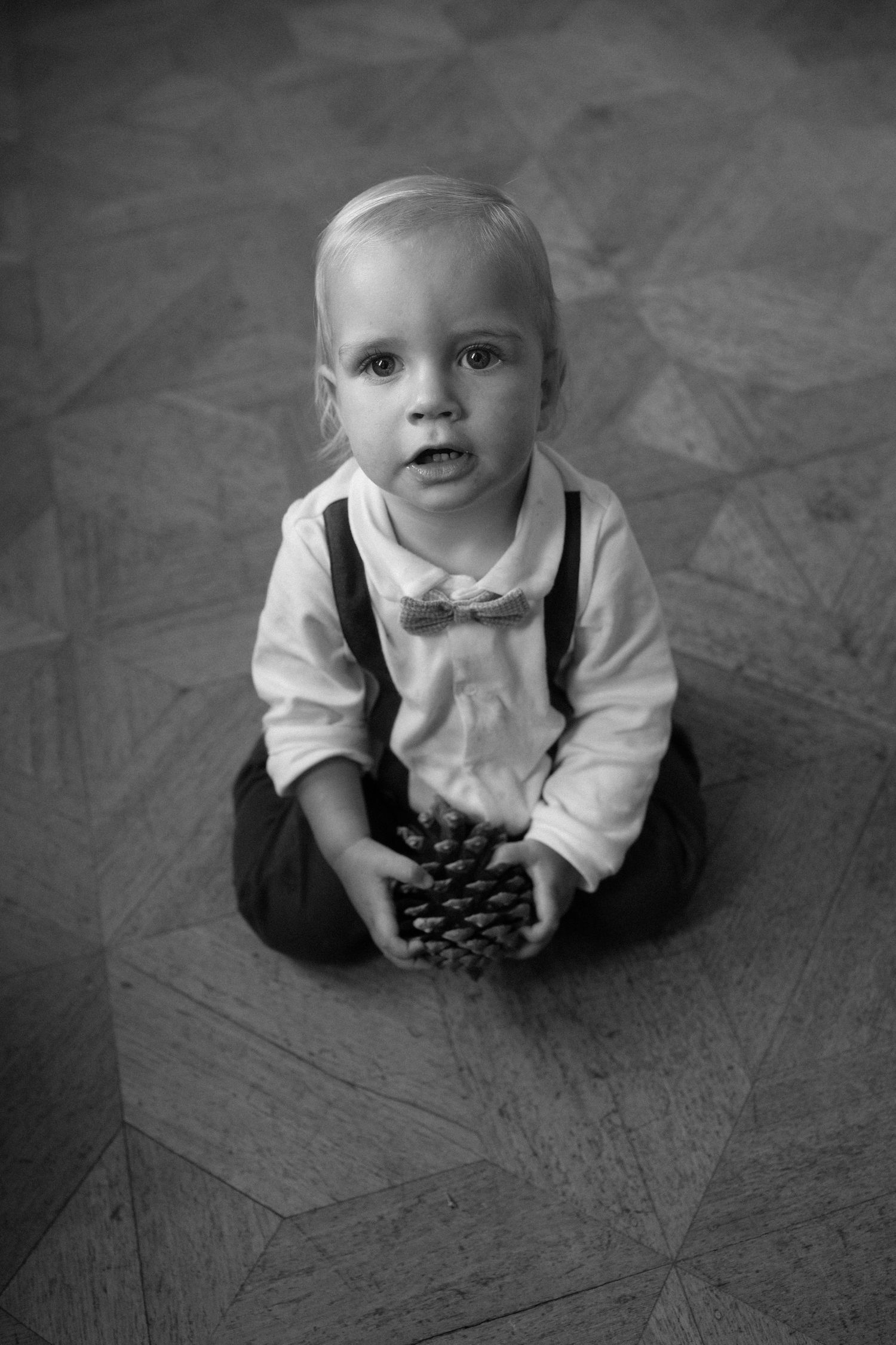 Black and white photo of a cute toddler boy in suspenders and bow tie sitting on floor holding a pine cone.