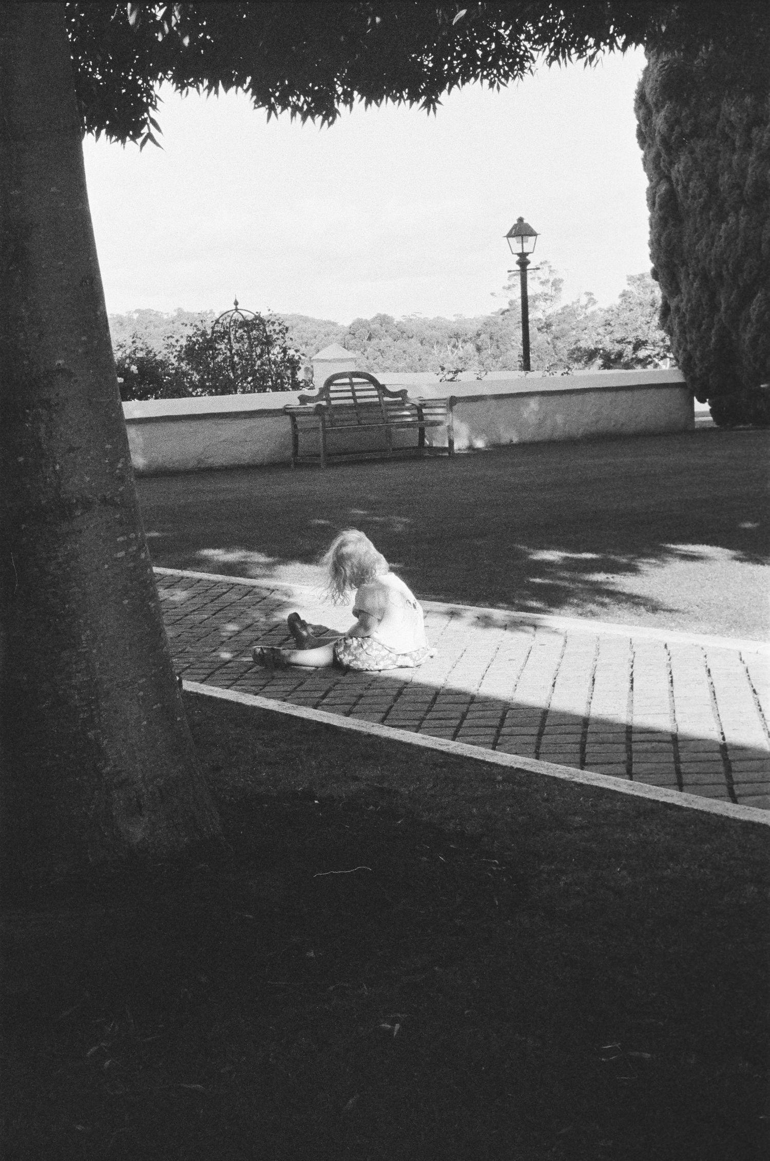 Black and white photograph of a park bench in dappled sunlight and shadows.
