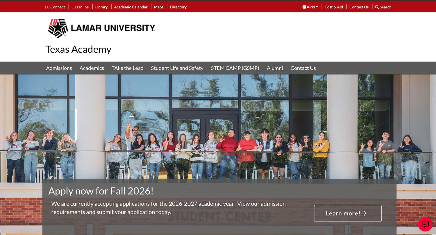 Lamar University Texas Academy website homepage featuring students and a Fall 2026 admissions application banner.