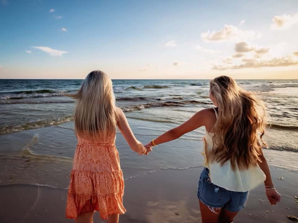 Two young women holding hands on a sandy beach at sunset, facing the ocean waves.